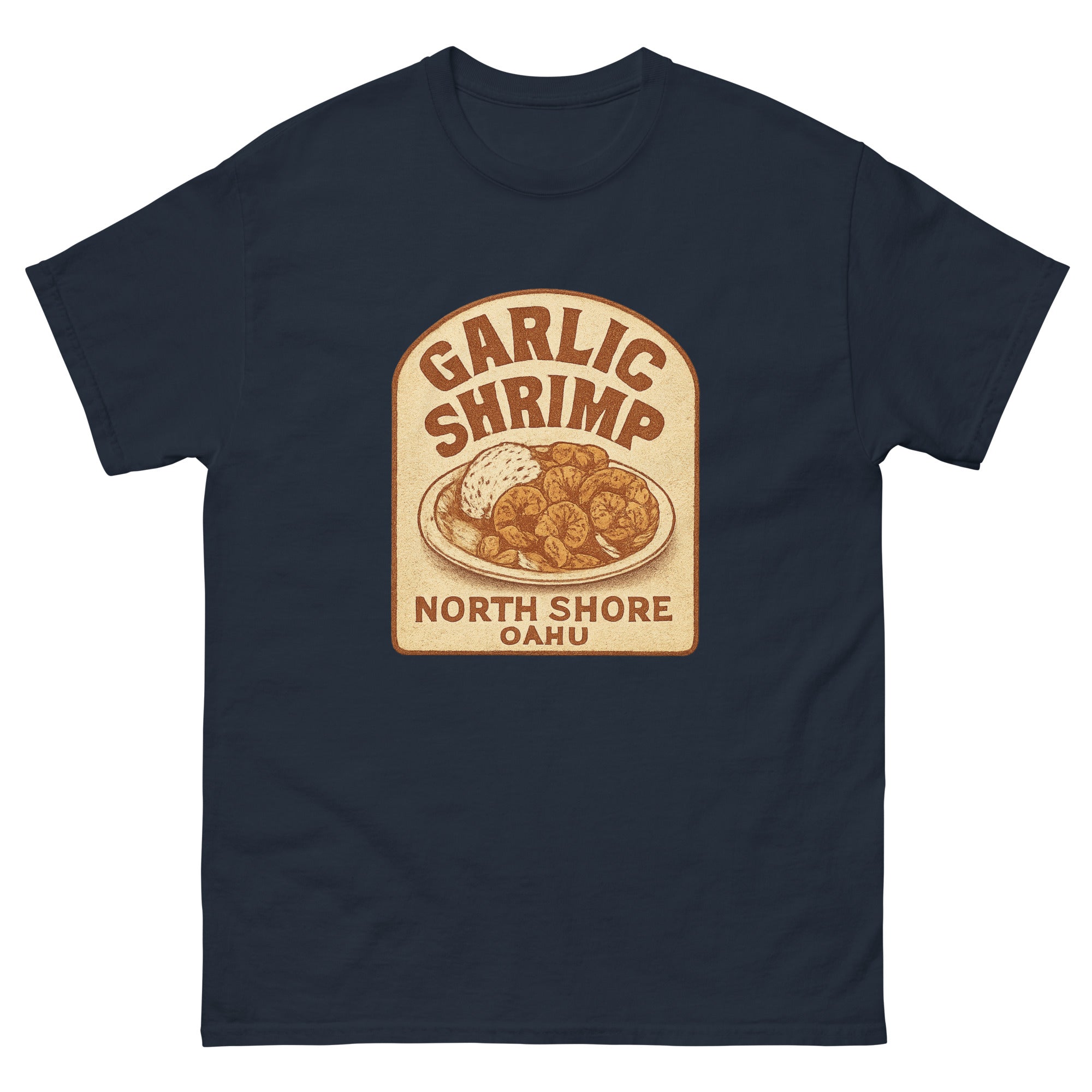 Garlic Shrimp Truck Hawaiian t-shirt design on a Navy unisex tee