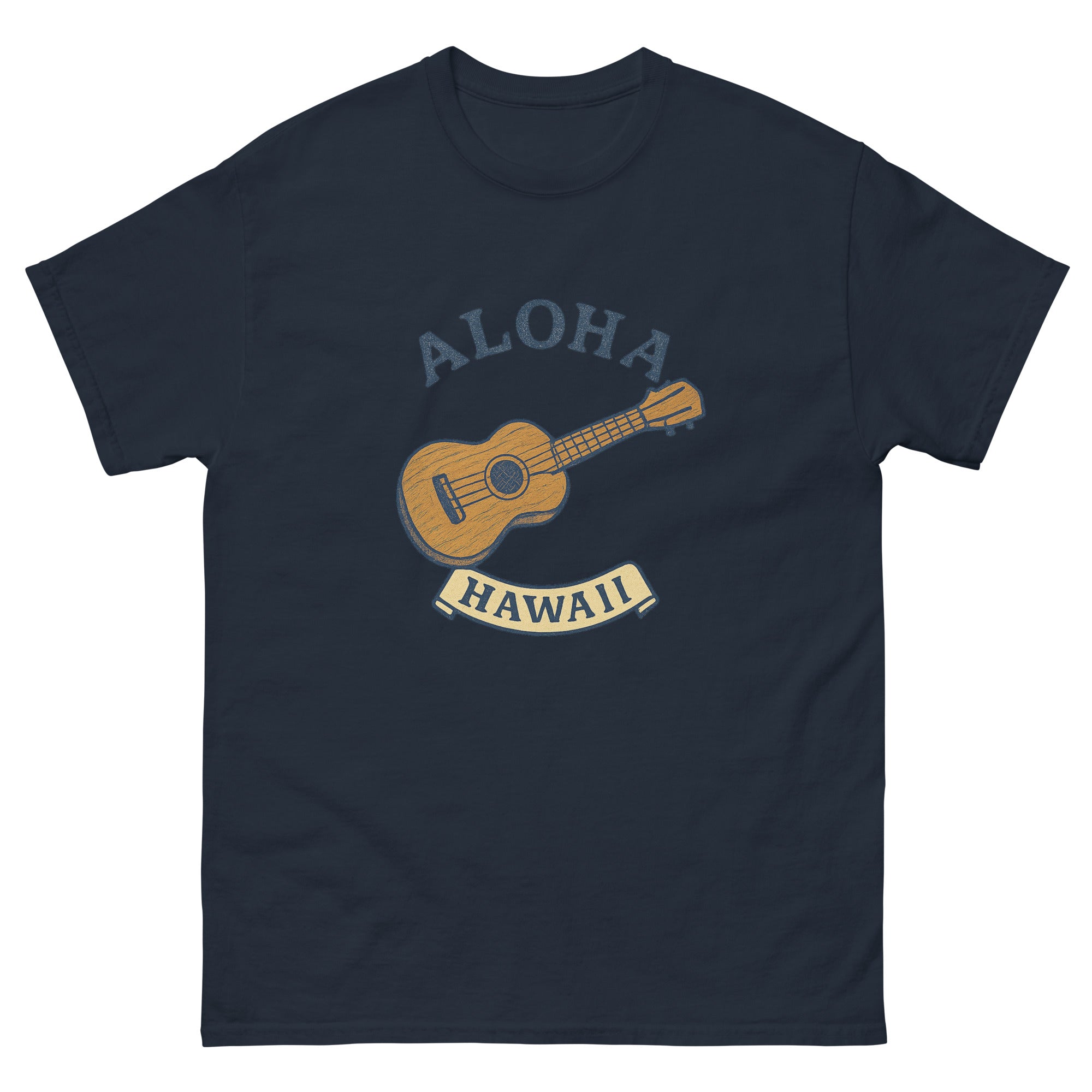 Ukulele Hawaiian t-shirt design on a Navy unisex tee