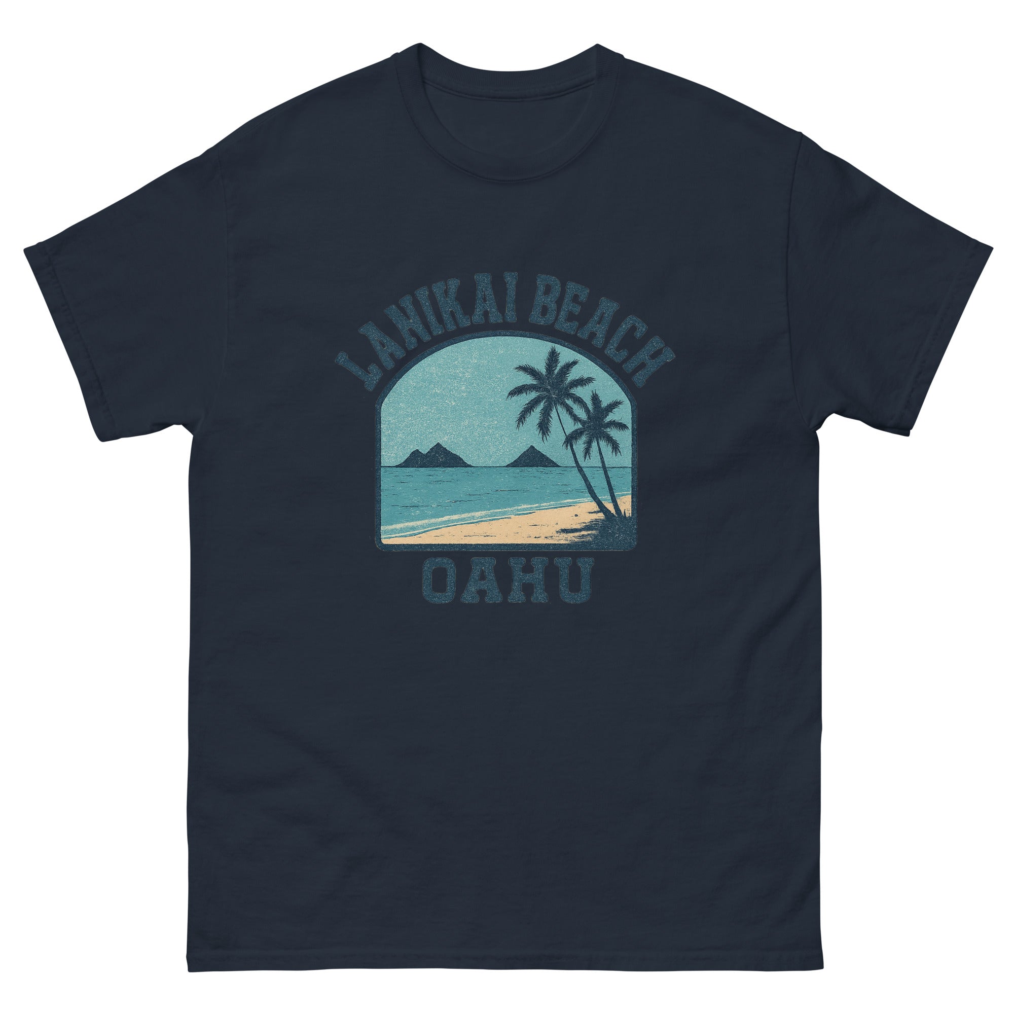 Lanikai Beach Hawaiian t-shirt design on a Navy unisex tee