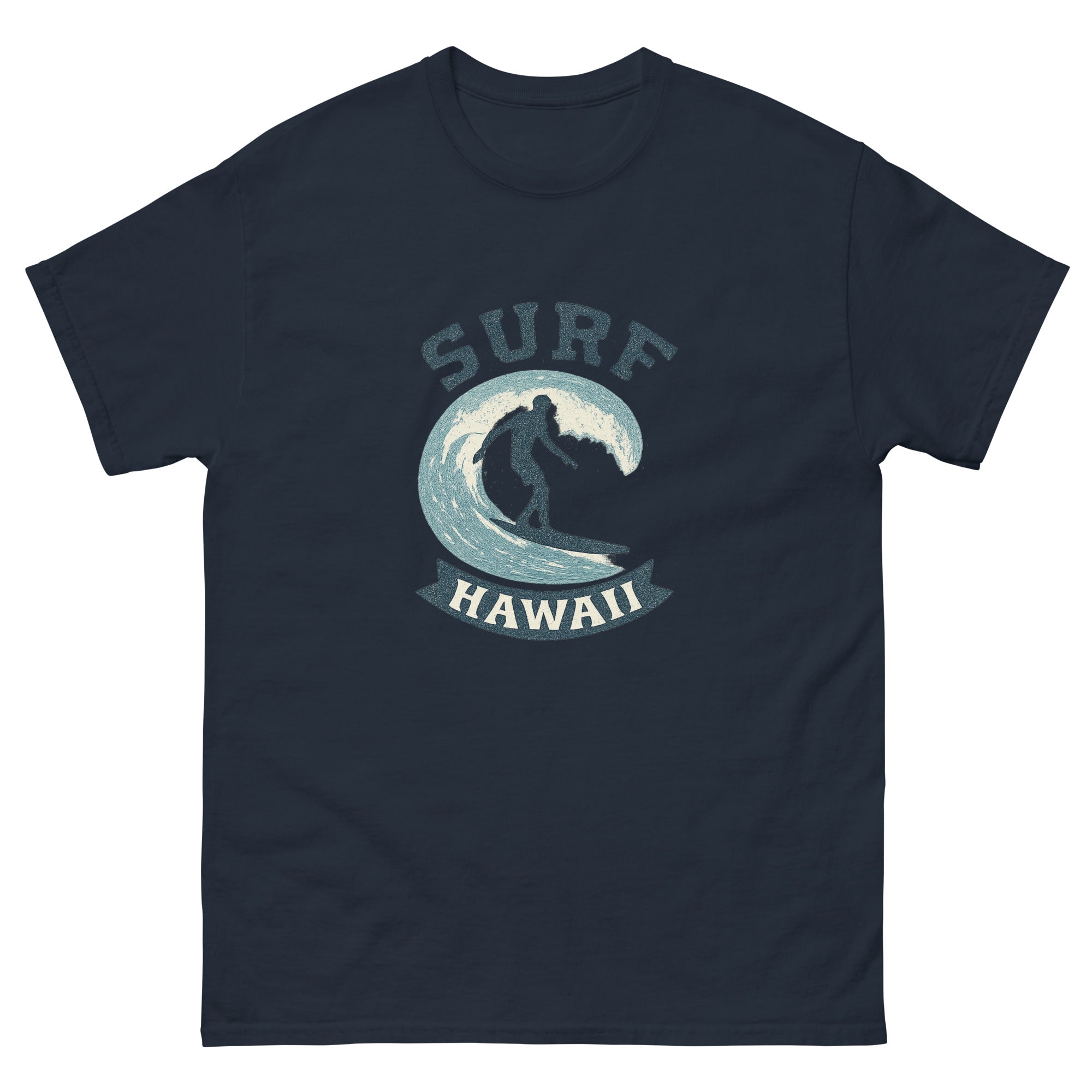 Surf Hawaii Hawaiian t-shirt design on a Navy unisex tee