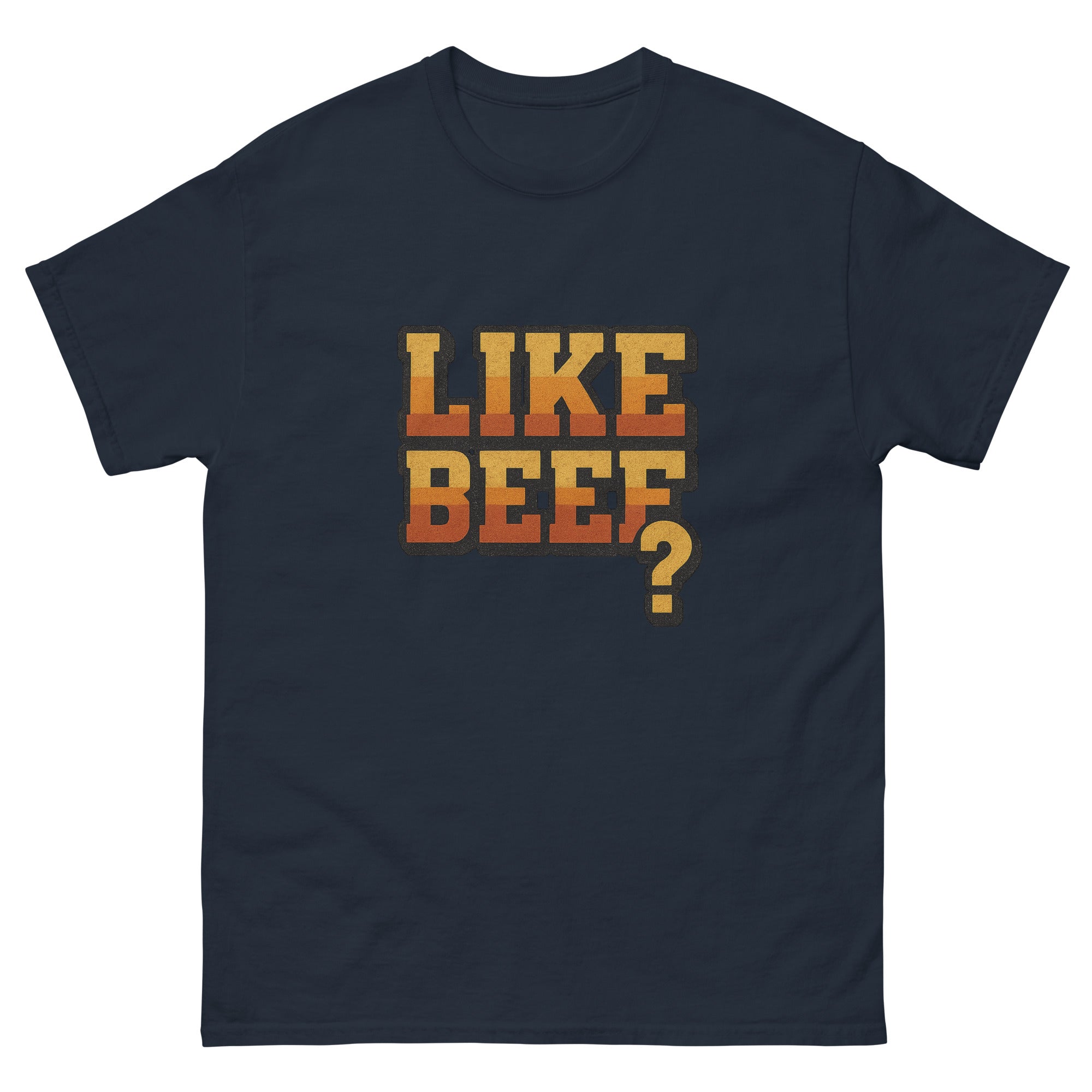 Like Beef Hawaiian t-shirt design on a Navy unisex tee
