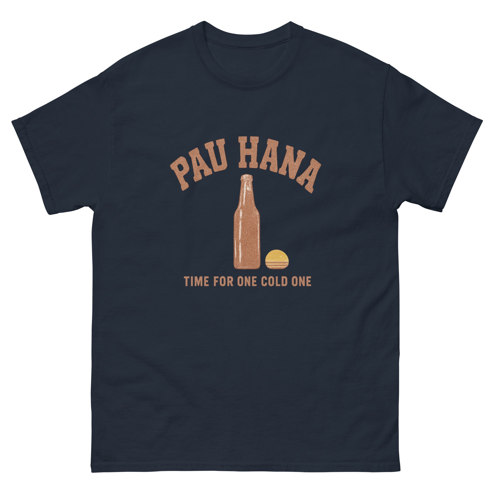 Pau Hana Hawaiian t-shirt design on a Navy unisex tee