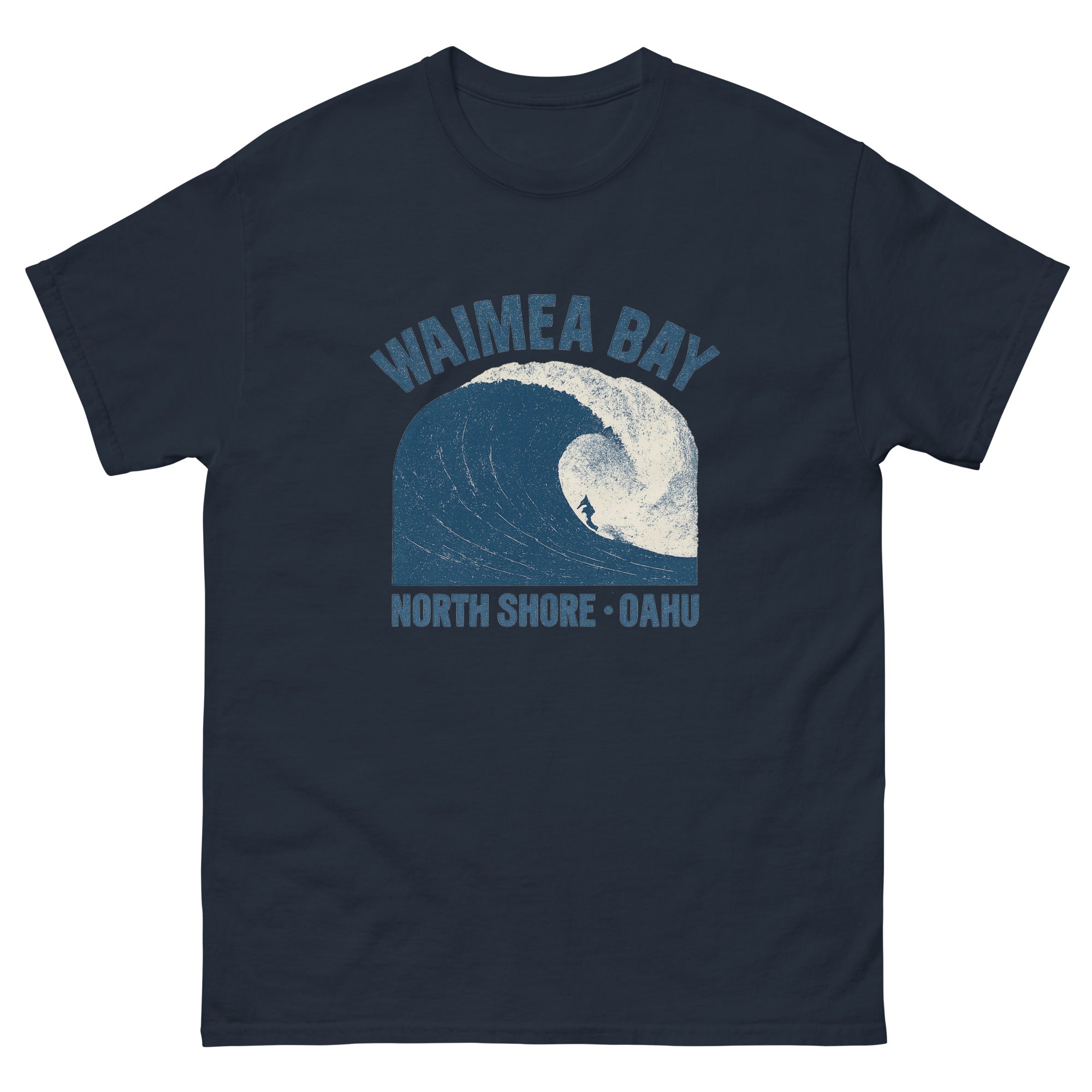 Waimea Bay Hawaiian t-shirt design on a Navy unisex tee