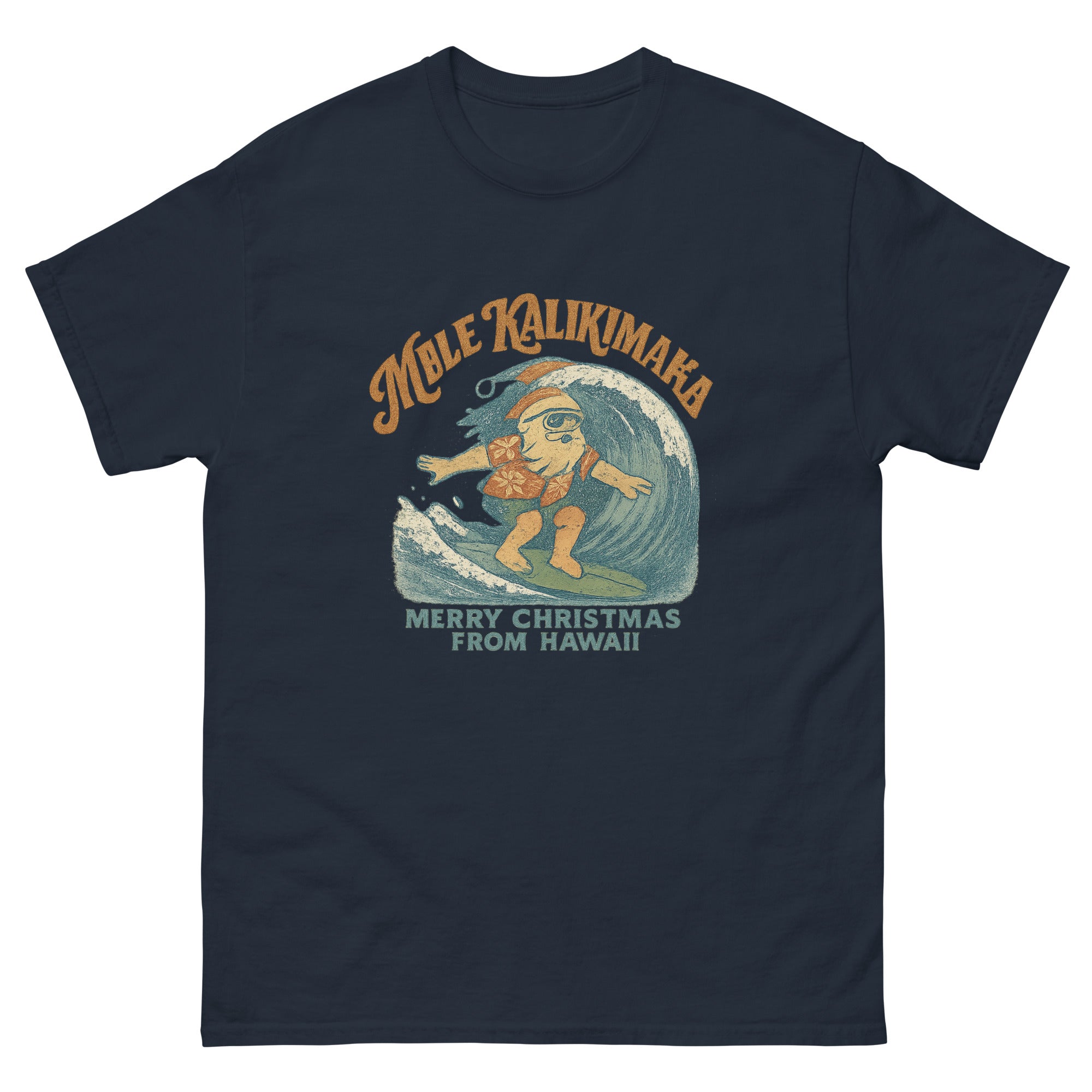 Mele Kalikimaka Hawaiian t-shirt design on a Navy unisex tee