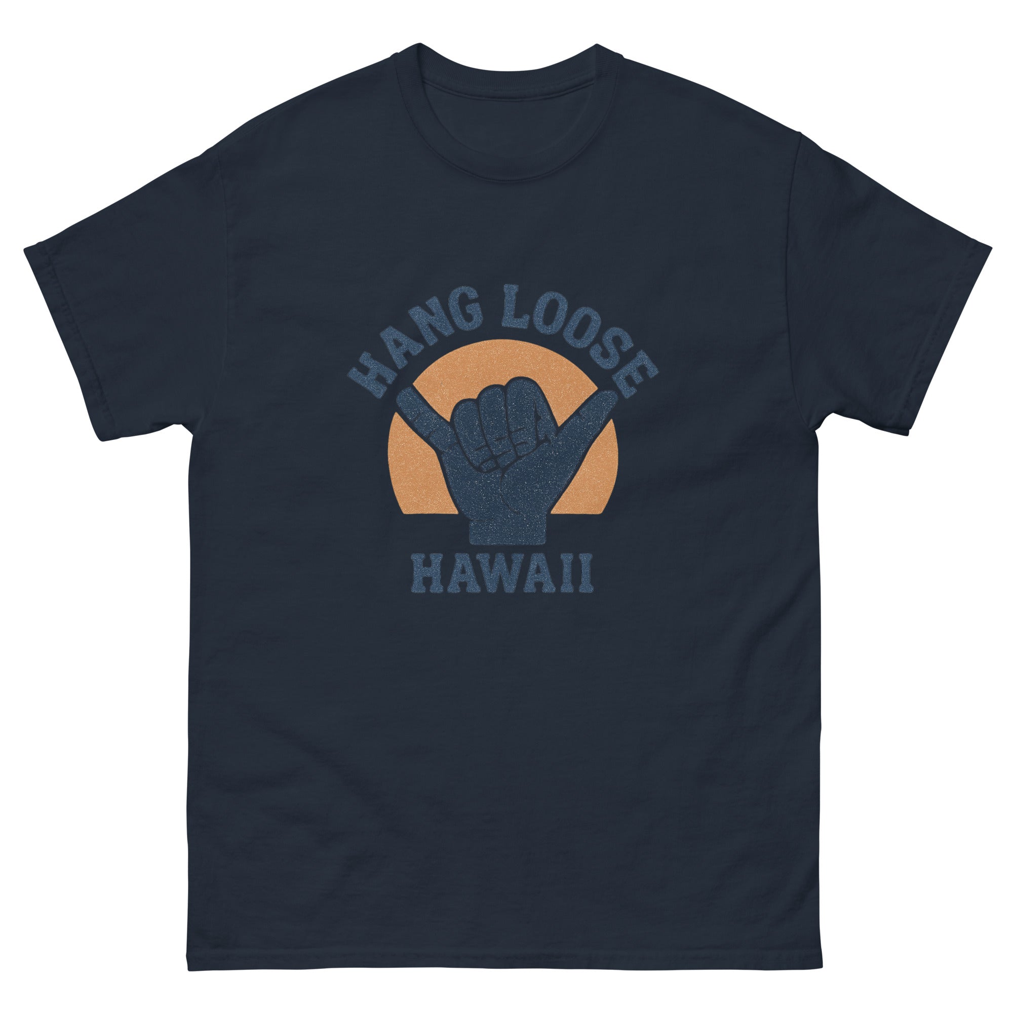 Hang Loose Shaka Hawaiian t-shirt design on a Navy unisex tee