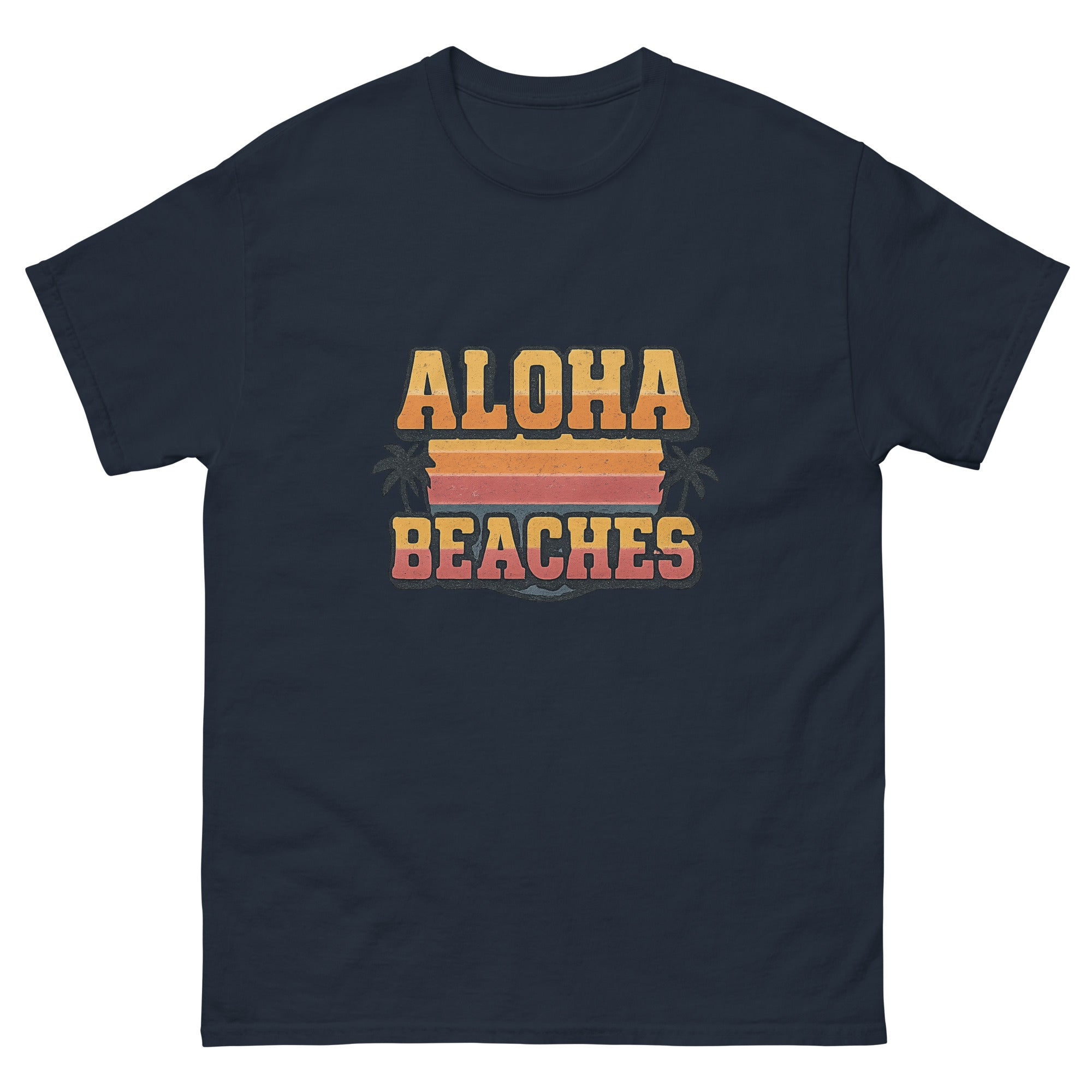 Aloha Beaches Hawaiian t-shirt design on a Navy unisex tee