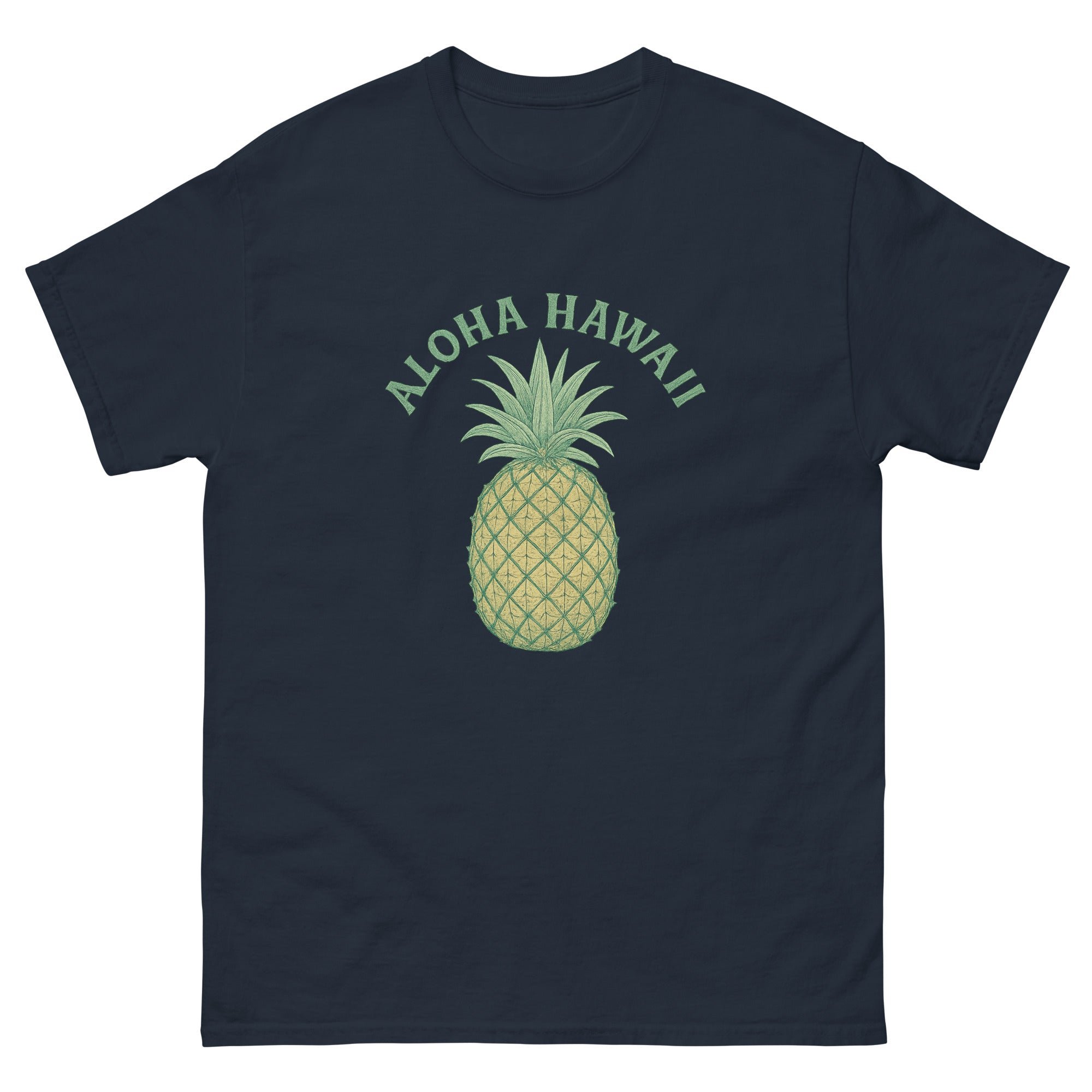Pineapple Hawaiian t-shirt design on a Navy unisex tee