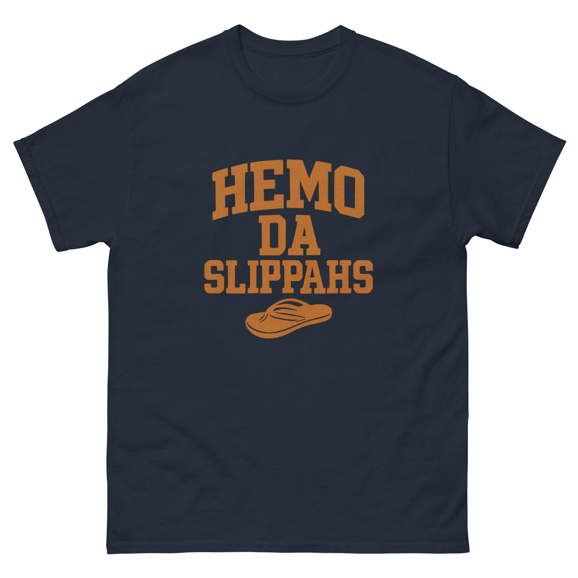 Hemo Da Slippahs Hawaiian t-shirt design on a Navy unisex tee