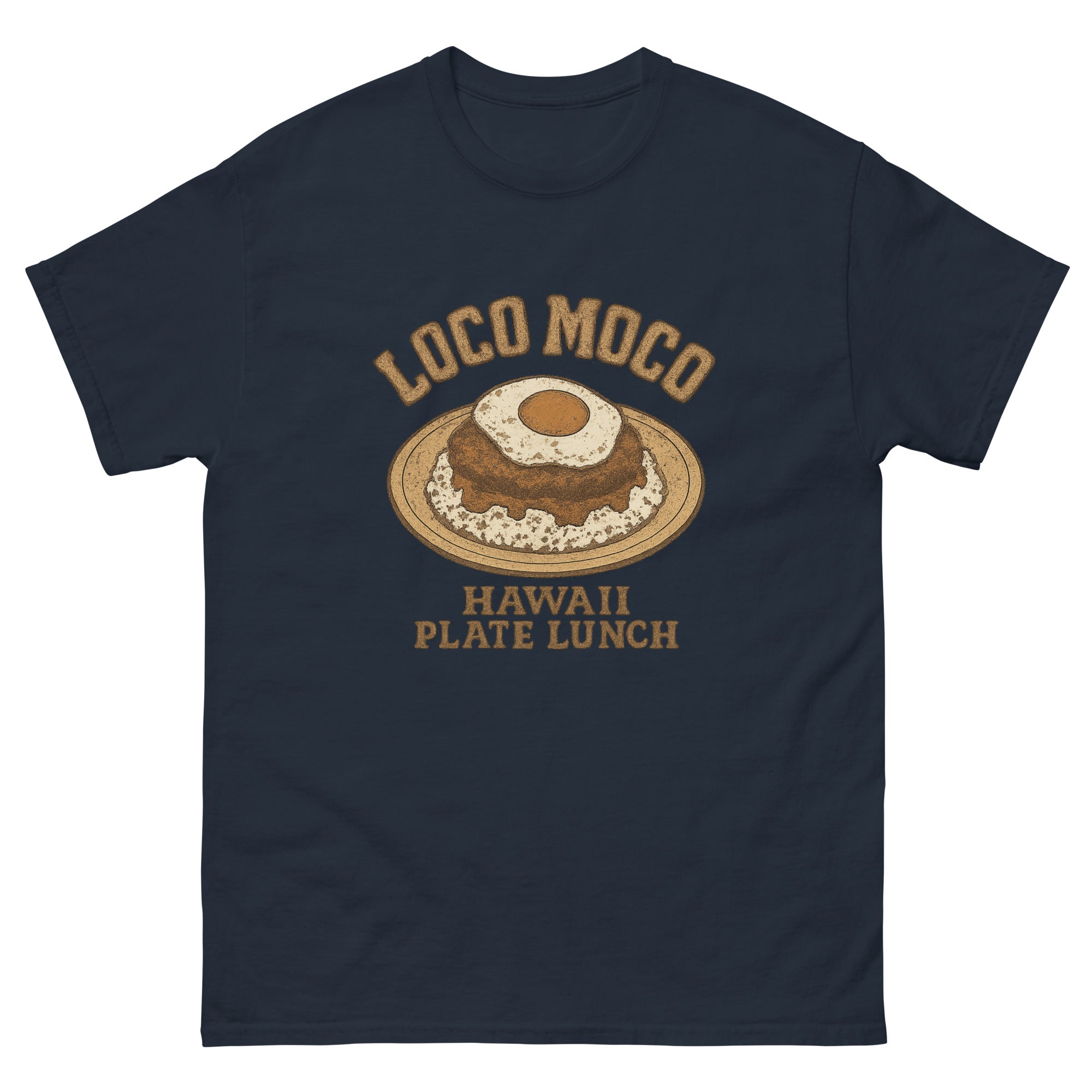 Loco Moco Hawaiian t-shirt design on a Navy unisex tee
