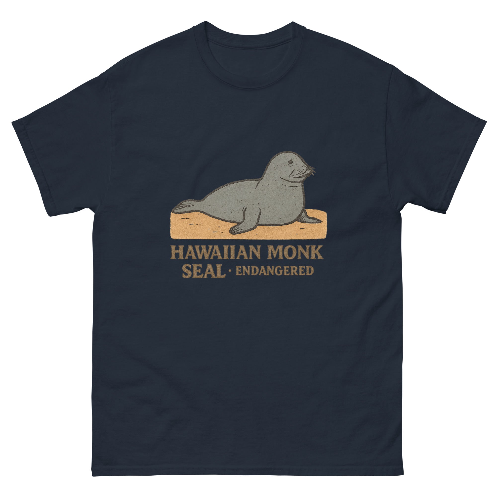 Monk Seal Hawaiian t-shirt design on a Navy unisex tee
