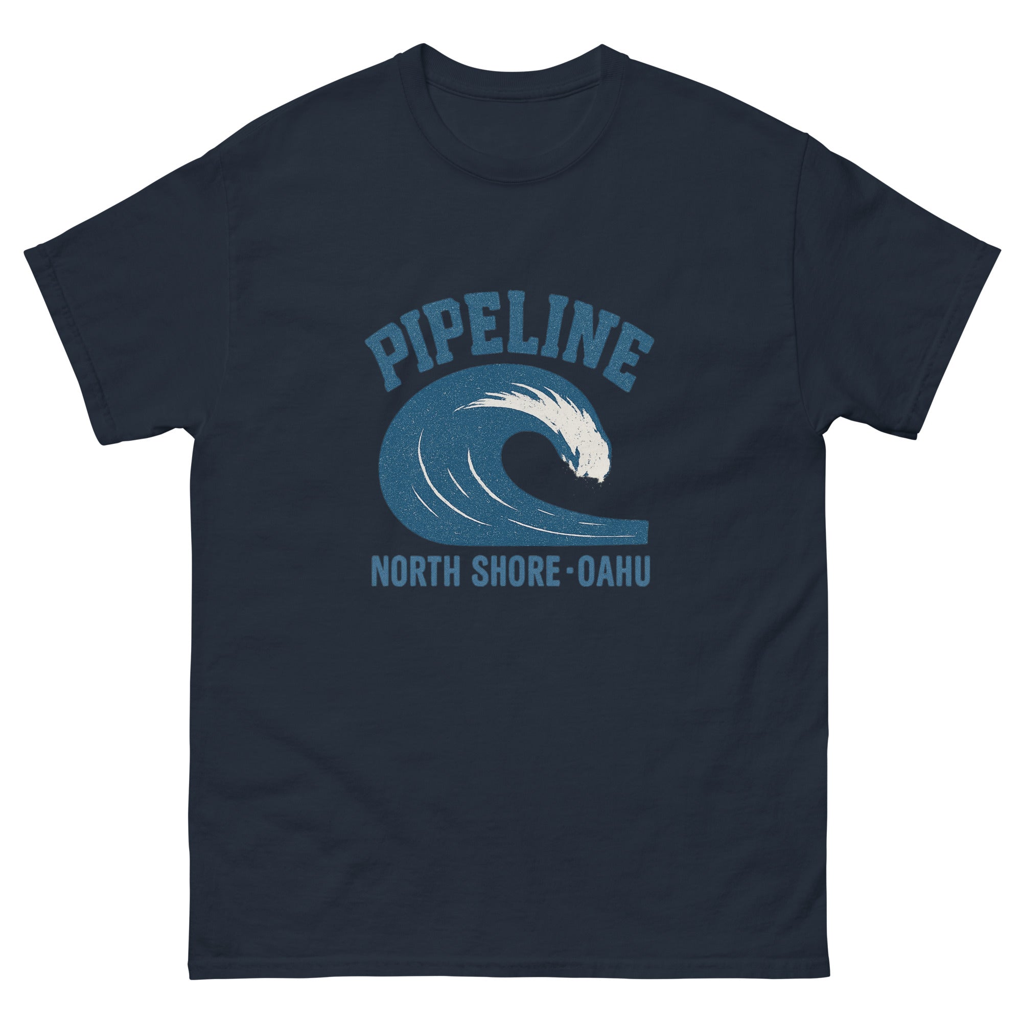 Pipeline Hawaiian t-shirt design on a Navy unisex tee