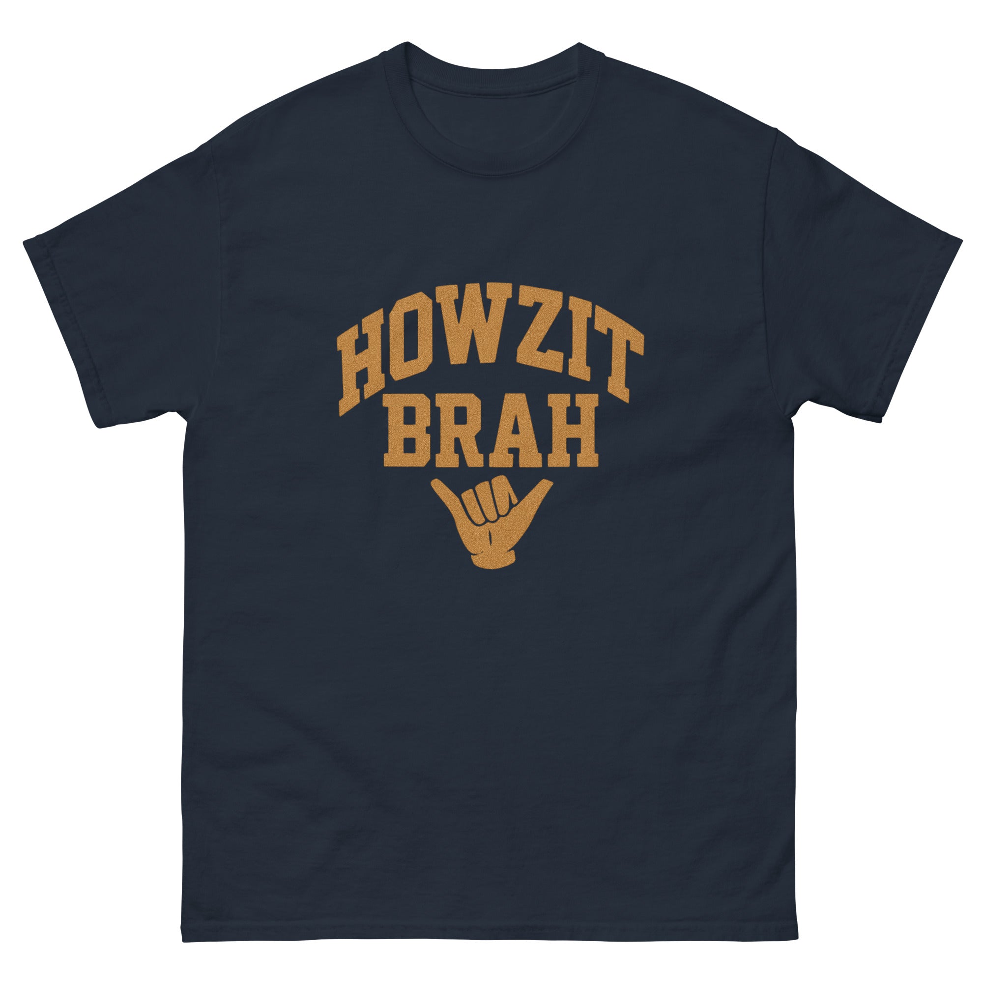 Howzit Brah Hawaiian t-shirt design on a Navy unisex tee