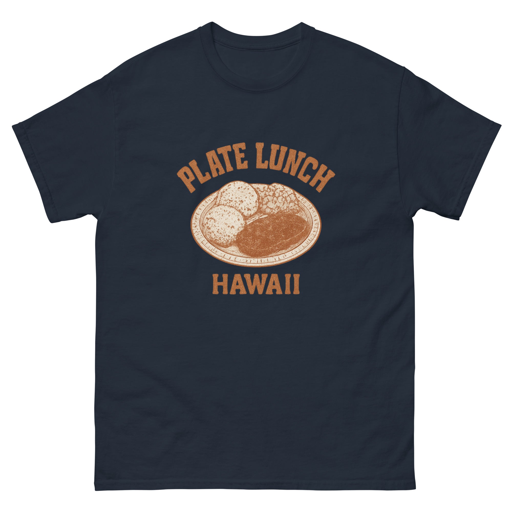 Plate Lunch Hawaiian t-shirt design on a Navy unisex tee