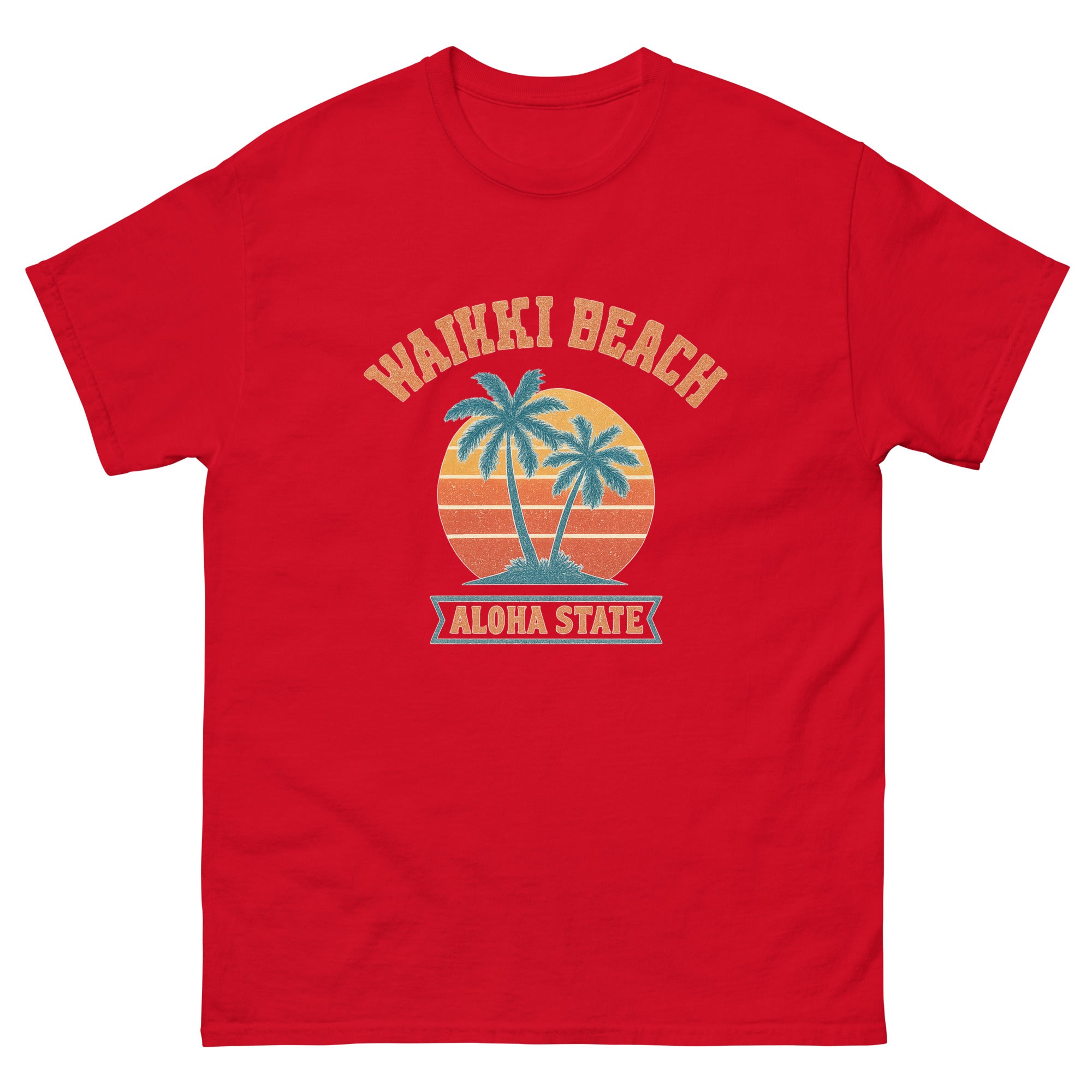 Waikiki Sunset Hawaiian t-shirt design on a Red unisex tee