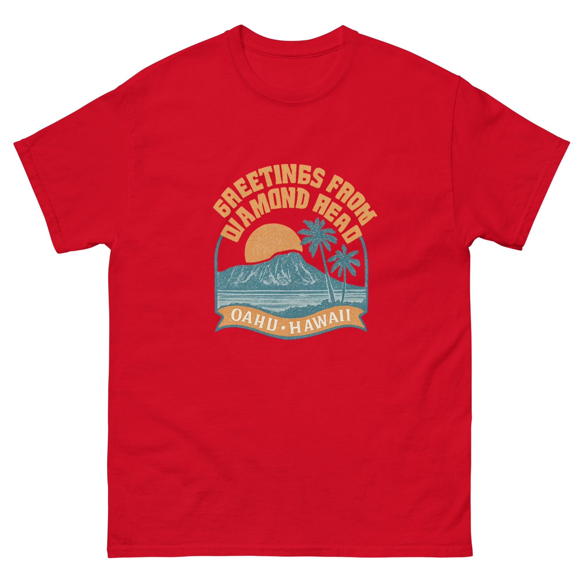 Diamond Head Hawaiian t-shirt design on a Red unisex tee