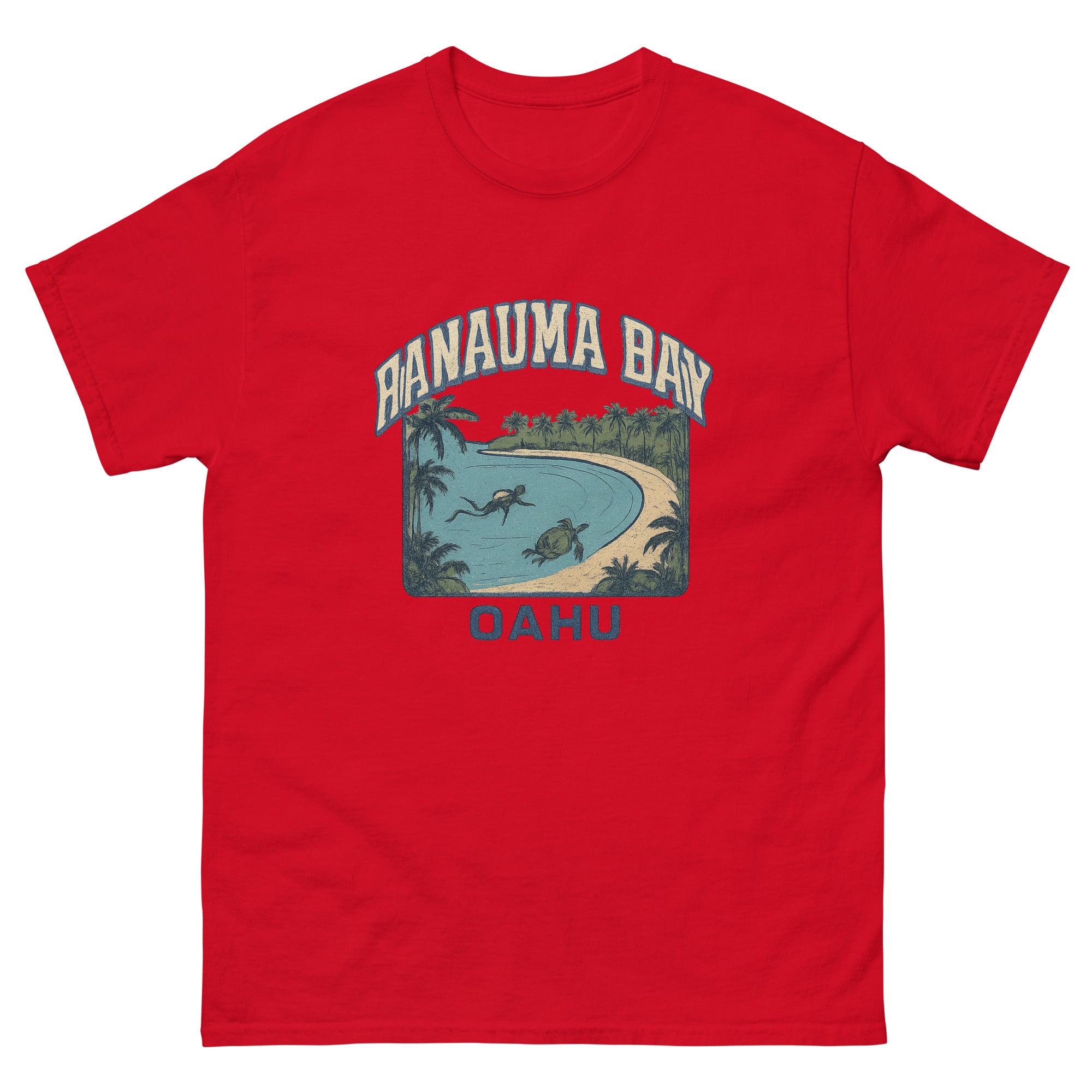 Hanauma Bay Hawaiian t-shirt design on a Red unisex tee