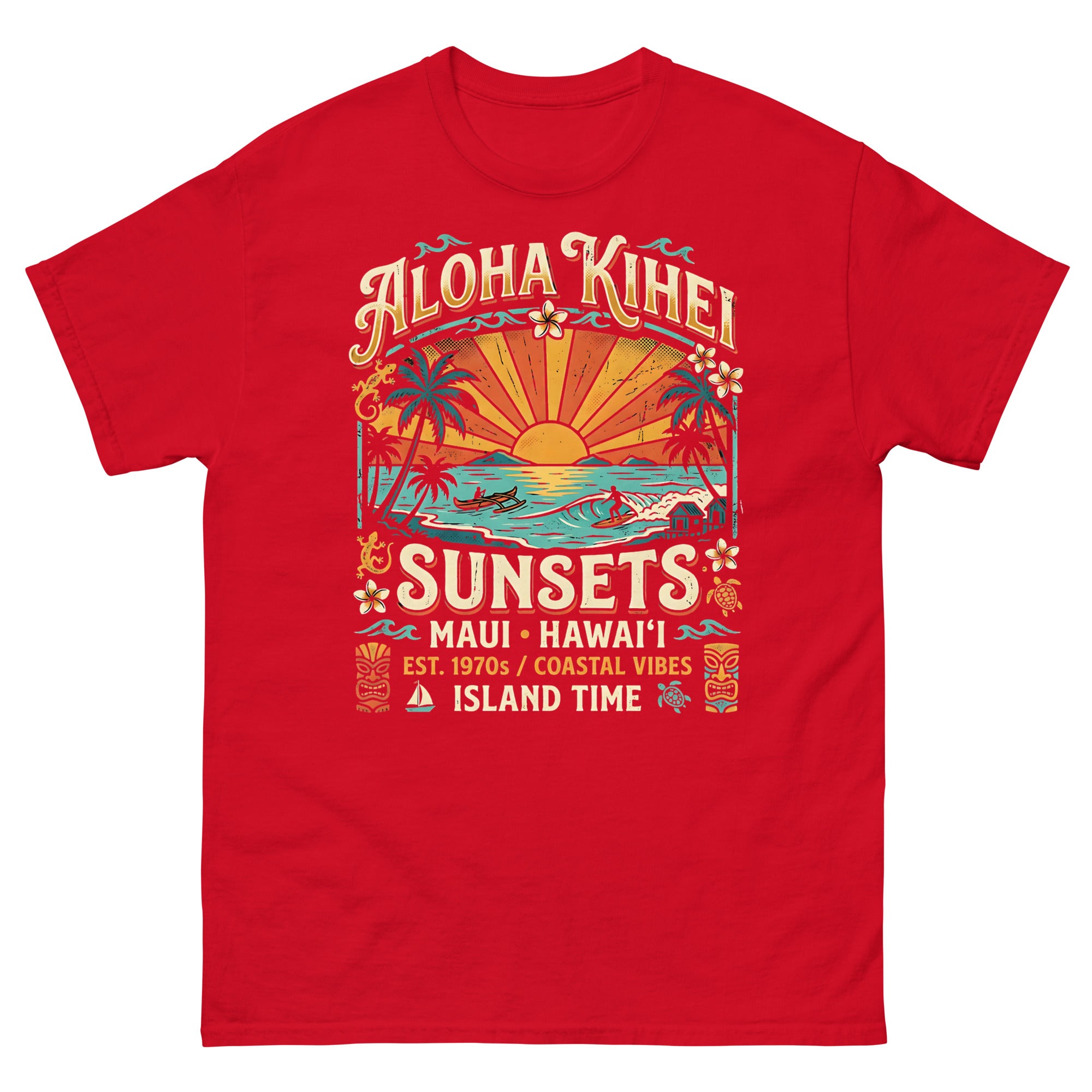 Aloha Kihei Sunsets Hawaiian t-shirt design on a Red unisex tee