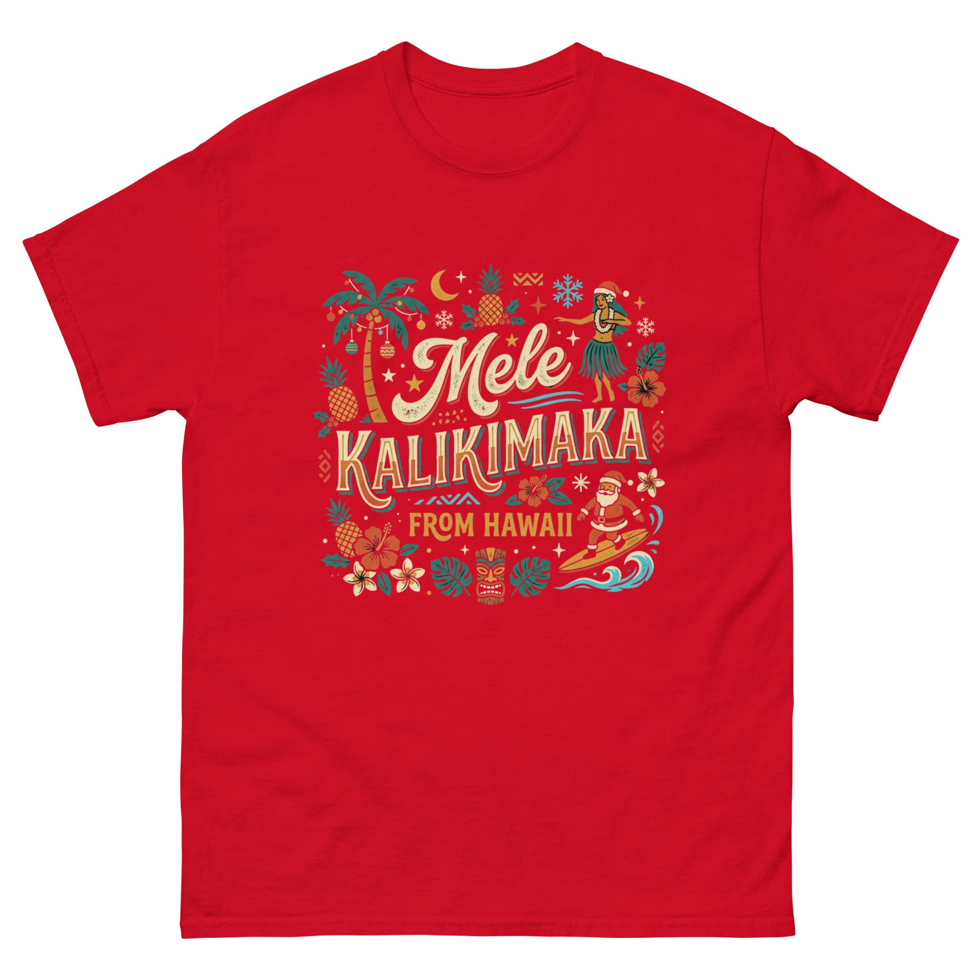 Mele Kalikimaka from Hawaii Hawaiian t-shirt design on a Red unisex tee