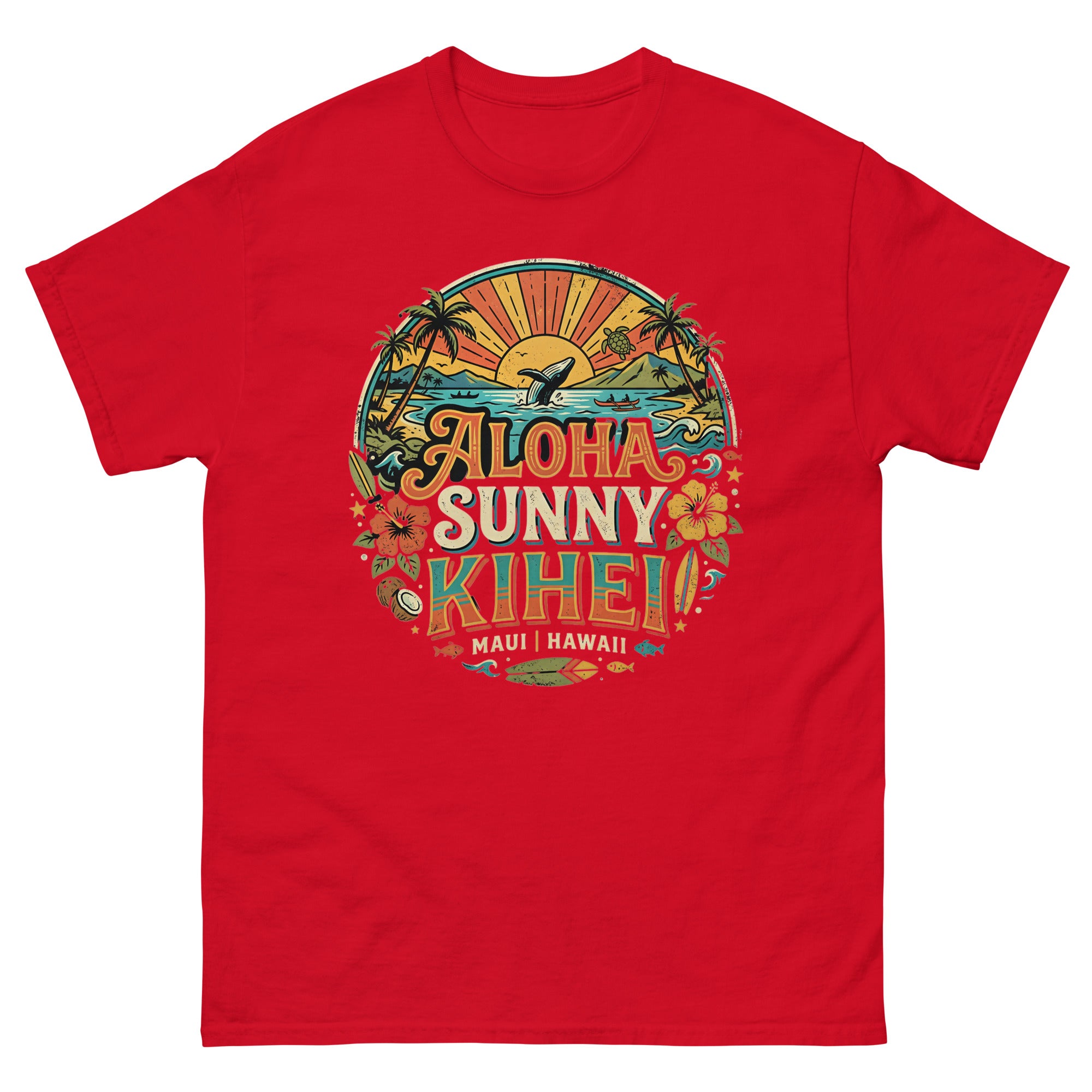 Aloha Sunny Kihei Maui Hawaiian t-shirt design on a Red unisex tee