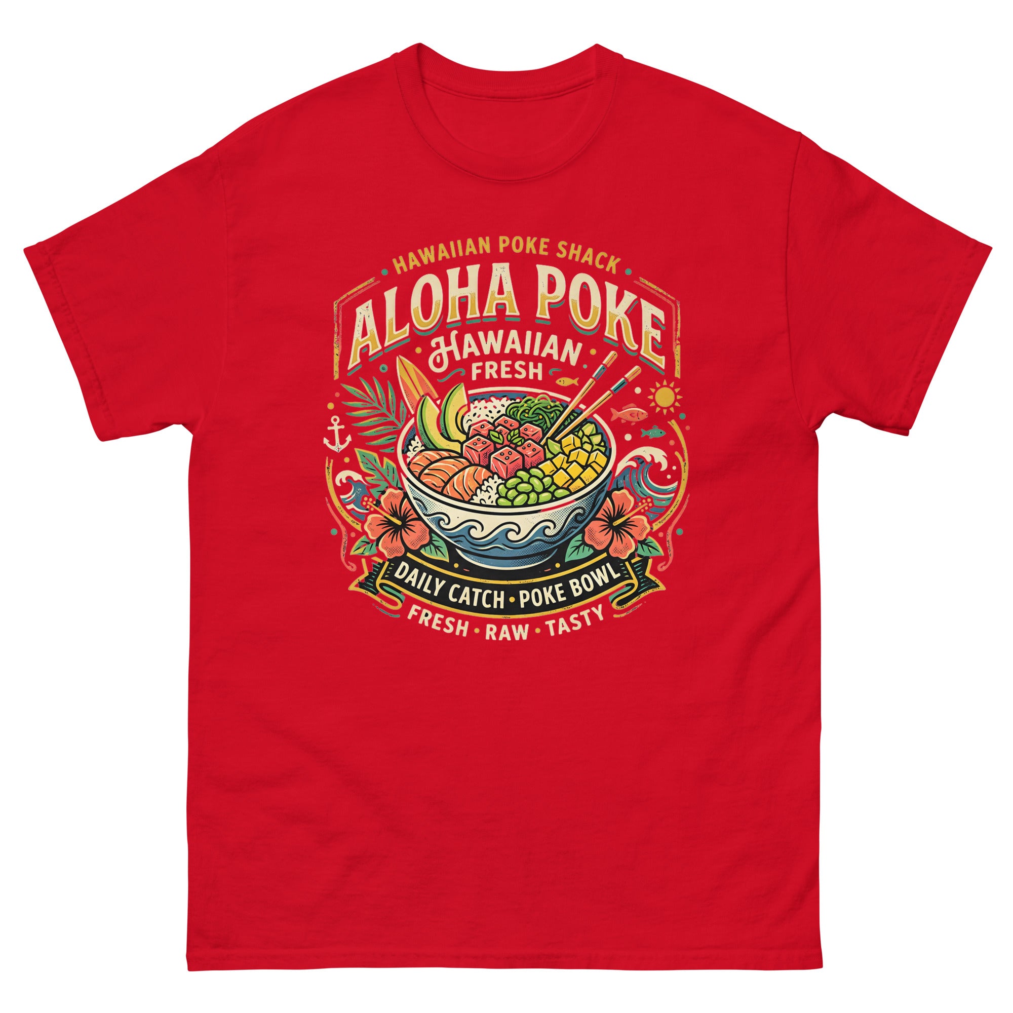 Aloha Poke Hawaiian Poke Shack Hawaiian t-shirt design on a Red unisex tee