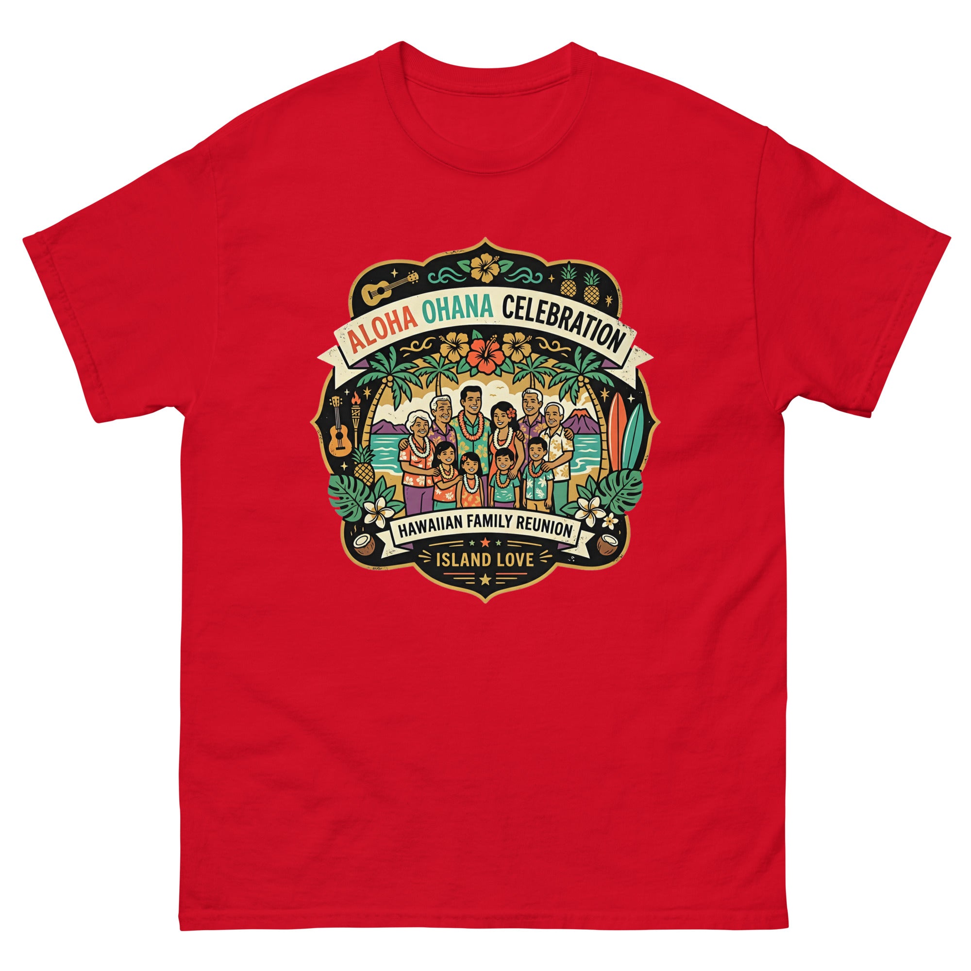 Ohana Family Reunion Gathering Hawaiian t-shirt design on a Red unisex tee