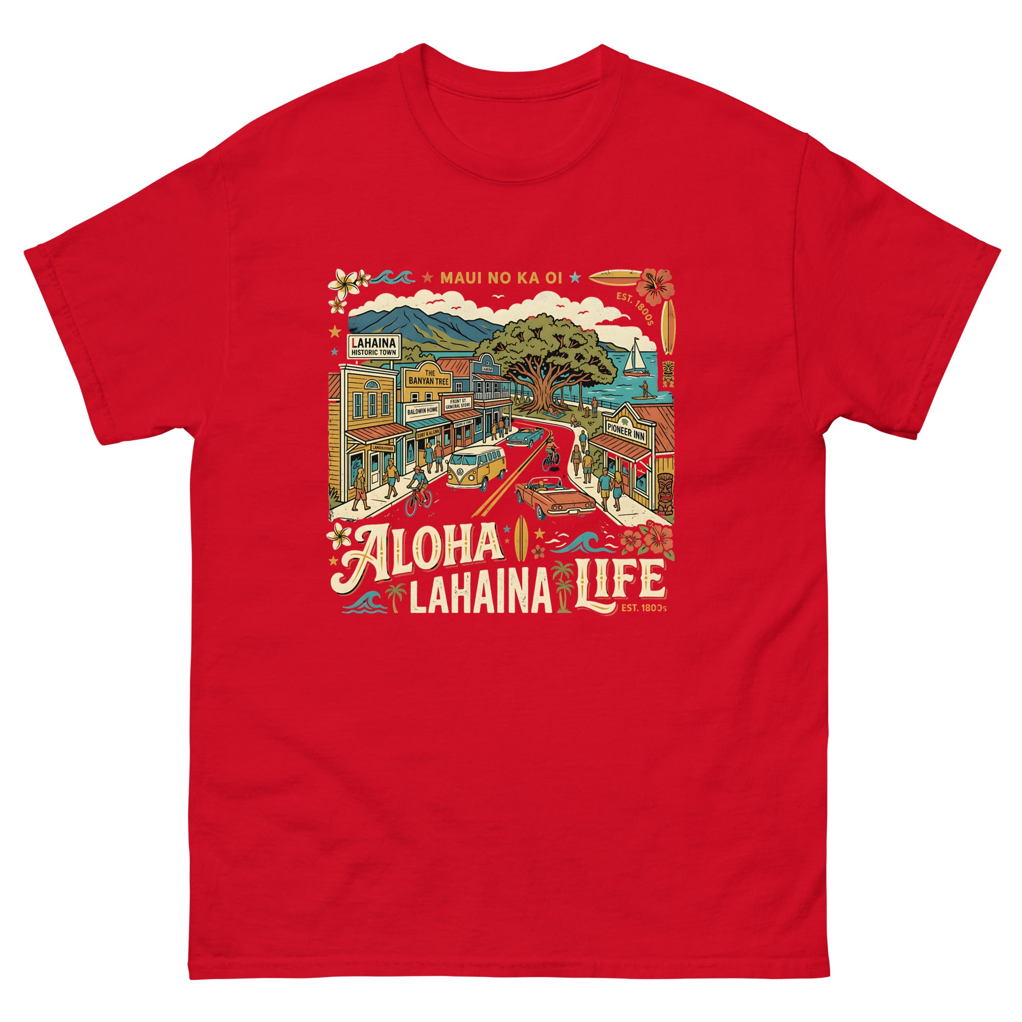 Aloha Lahaina Life Maui No Ka Oi Hawaiian t-shirt design on a Red unisex tee