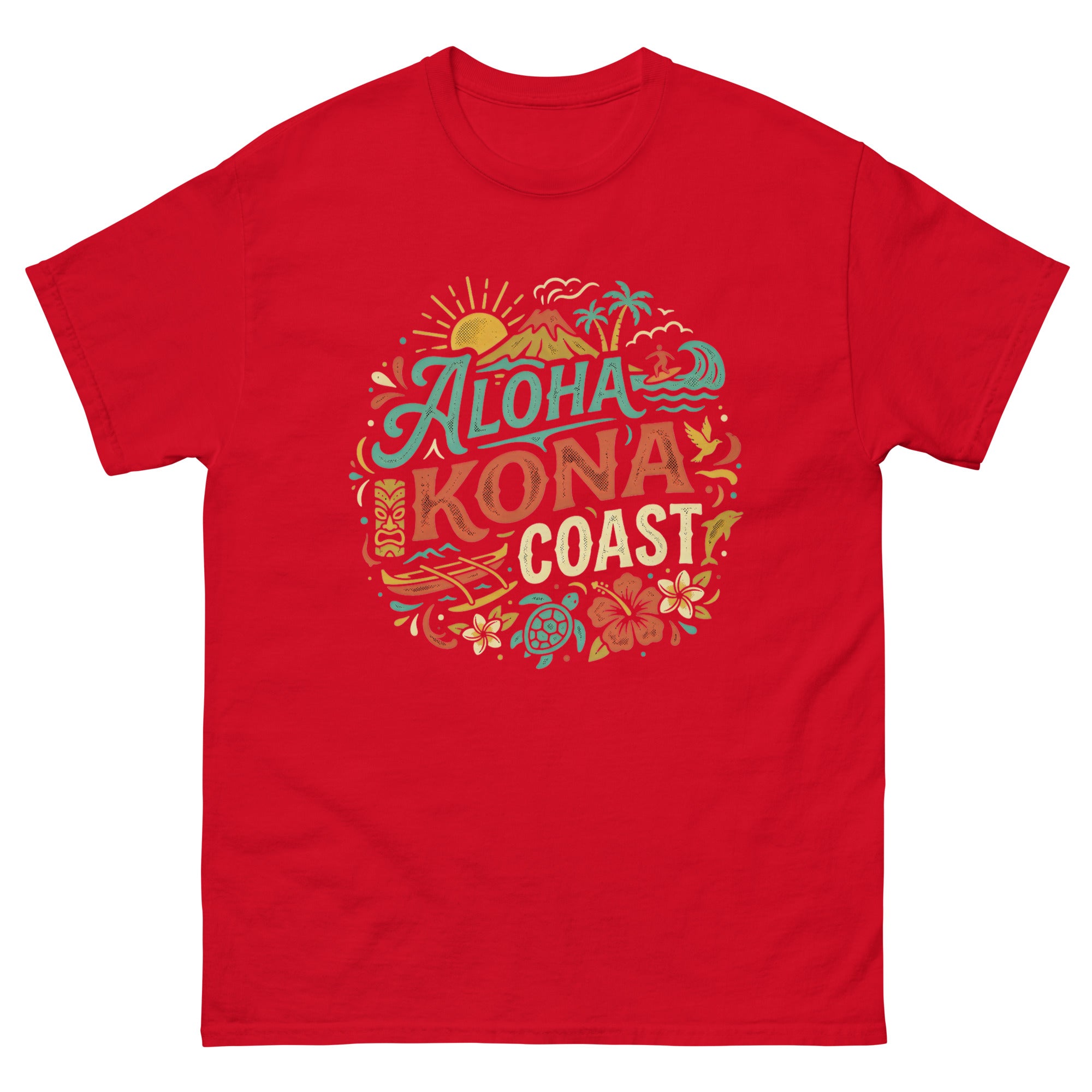 Aloha Kona Coast Hawaiian t-shirt design on a Red unisex tee