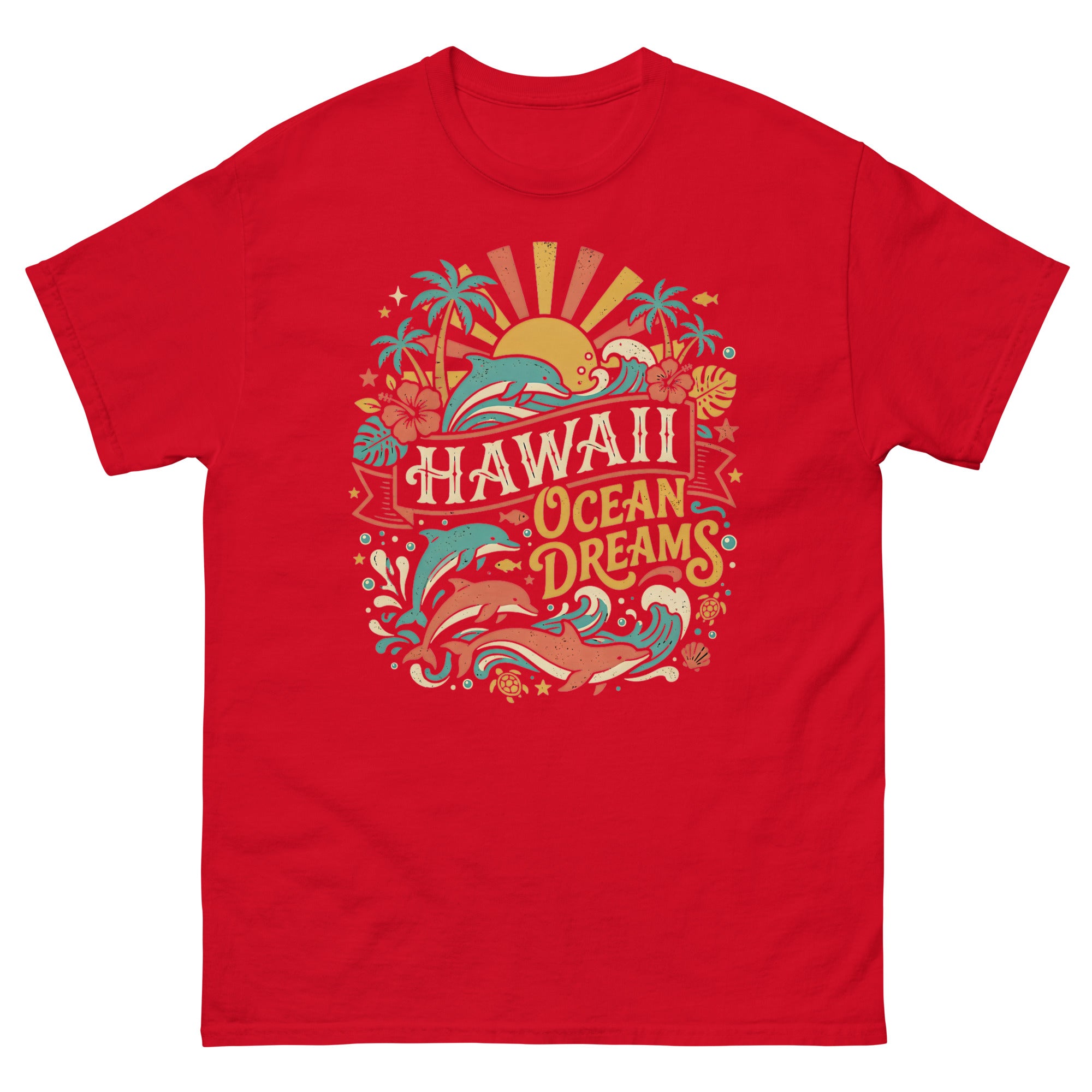 Aloha State Dolphins v3 Hawaiian t-shirt design on a Red unisex tee