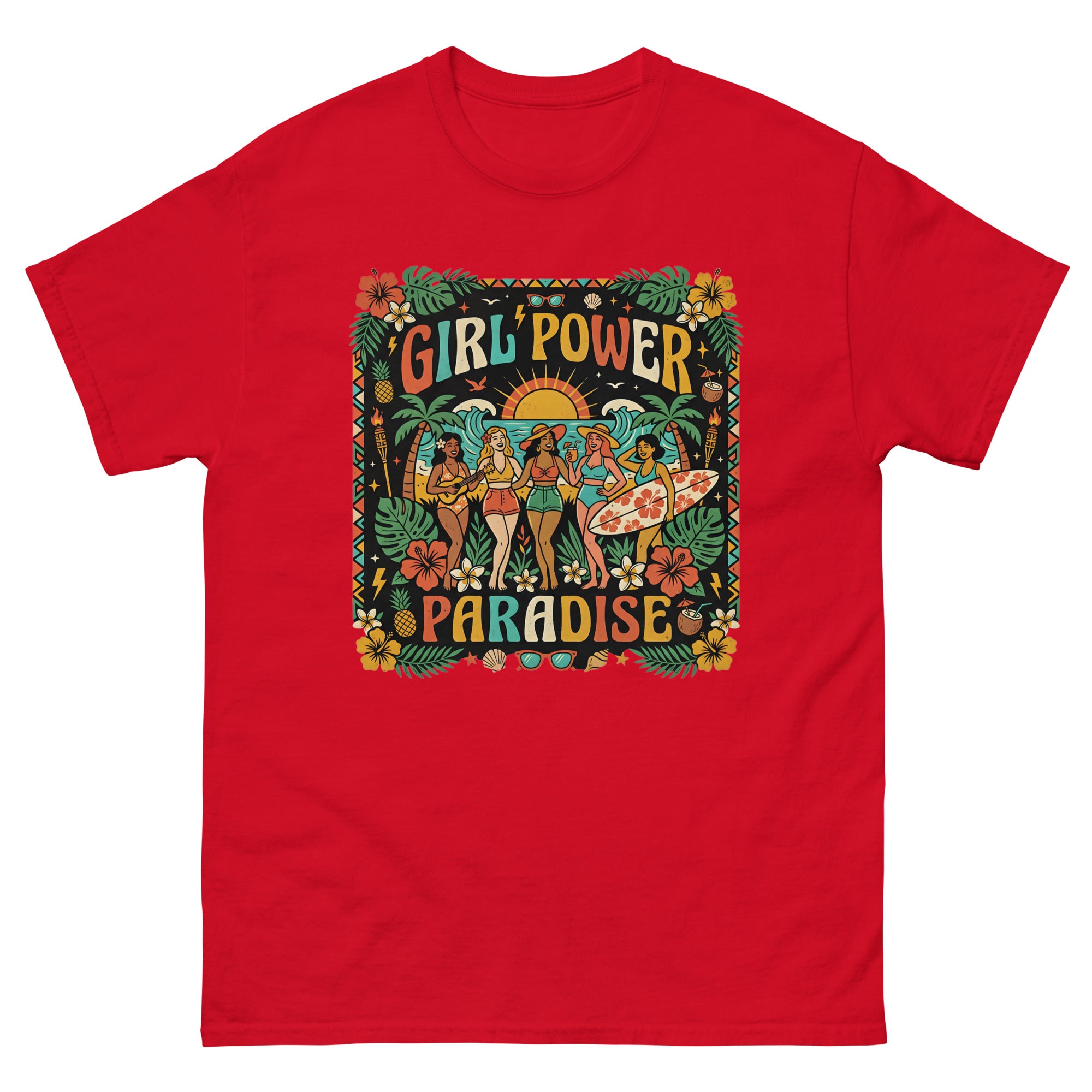Aloha Sisters Hawaiian t-shirt design on a Red unisex tee