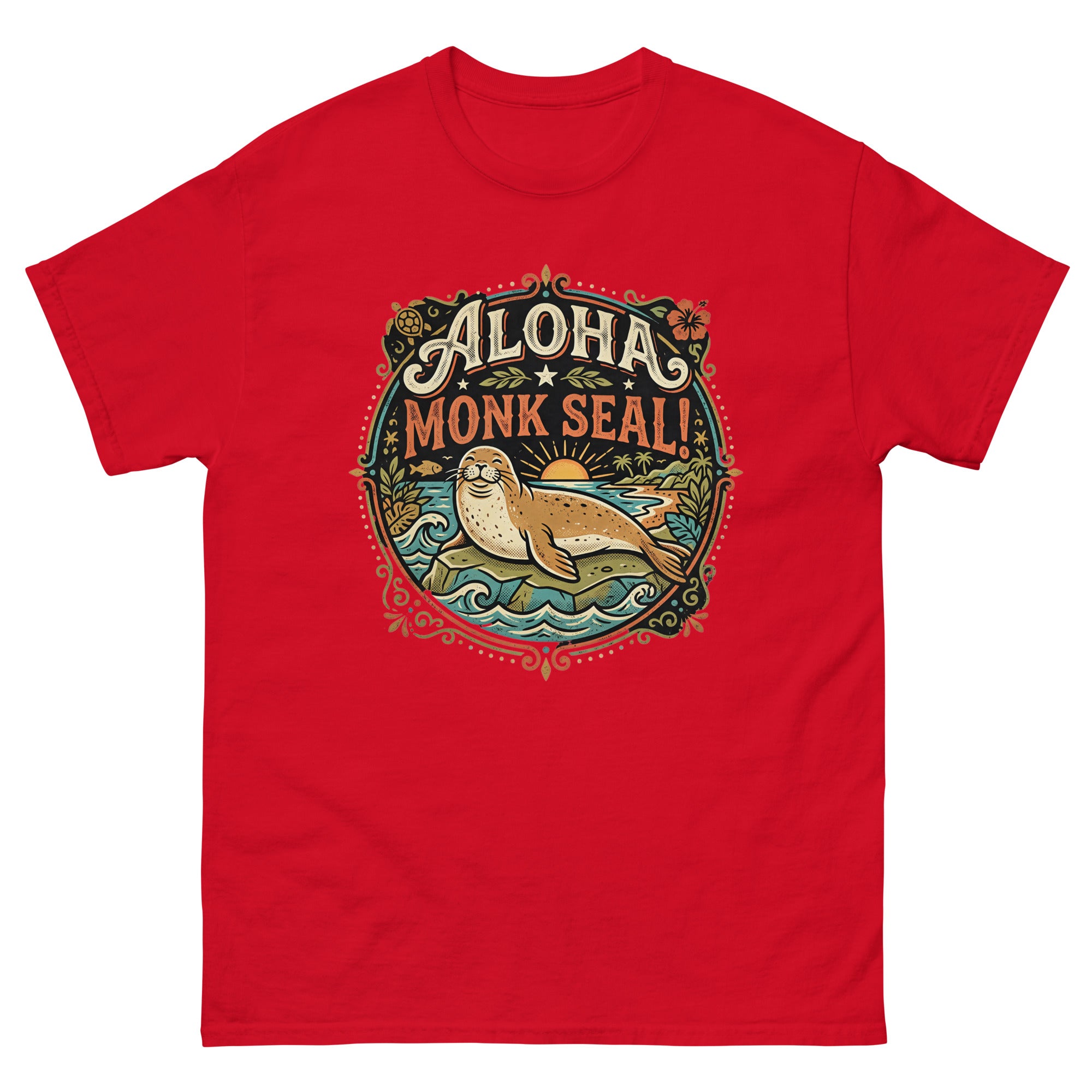 Aloha Monk Seal Emblem Hawaiian t-shirt design on a Red unisex tee