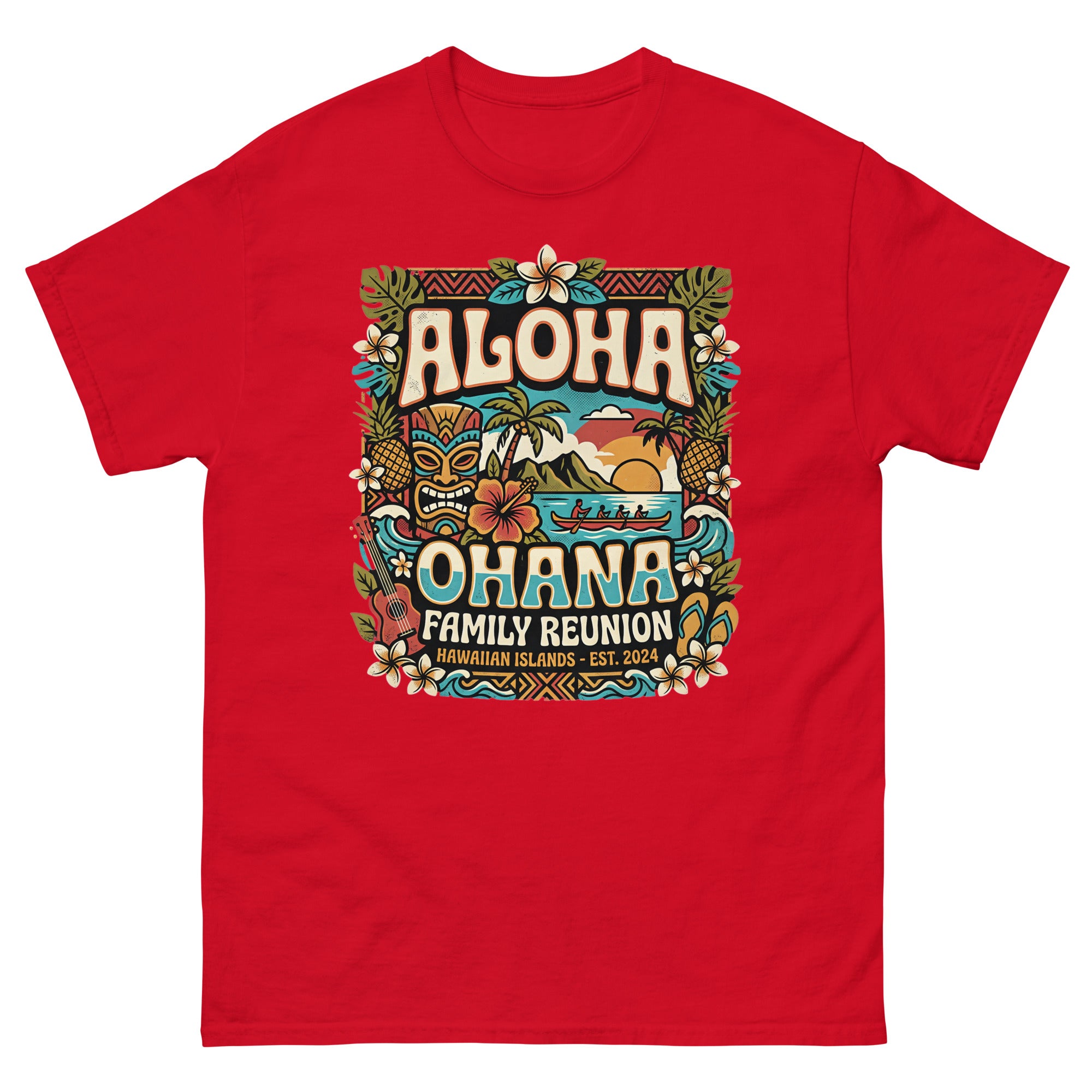 Ohana Family Reunion Gathering v4 Hawaiian t-shirt design on a Red unisex tee