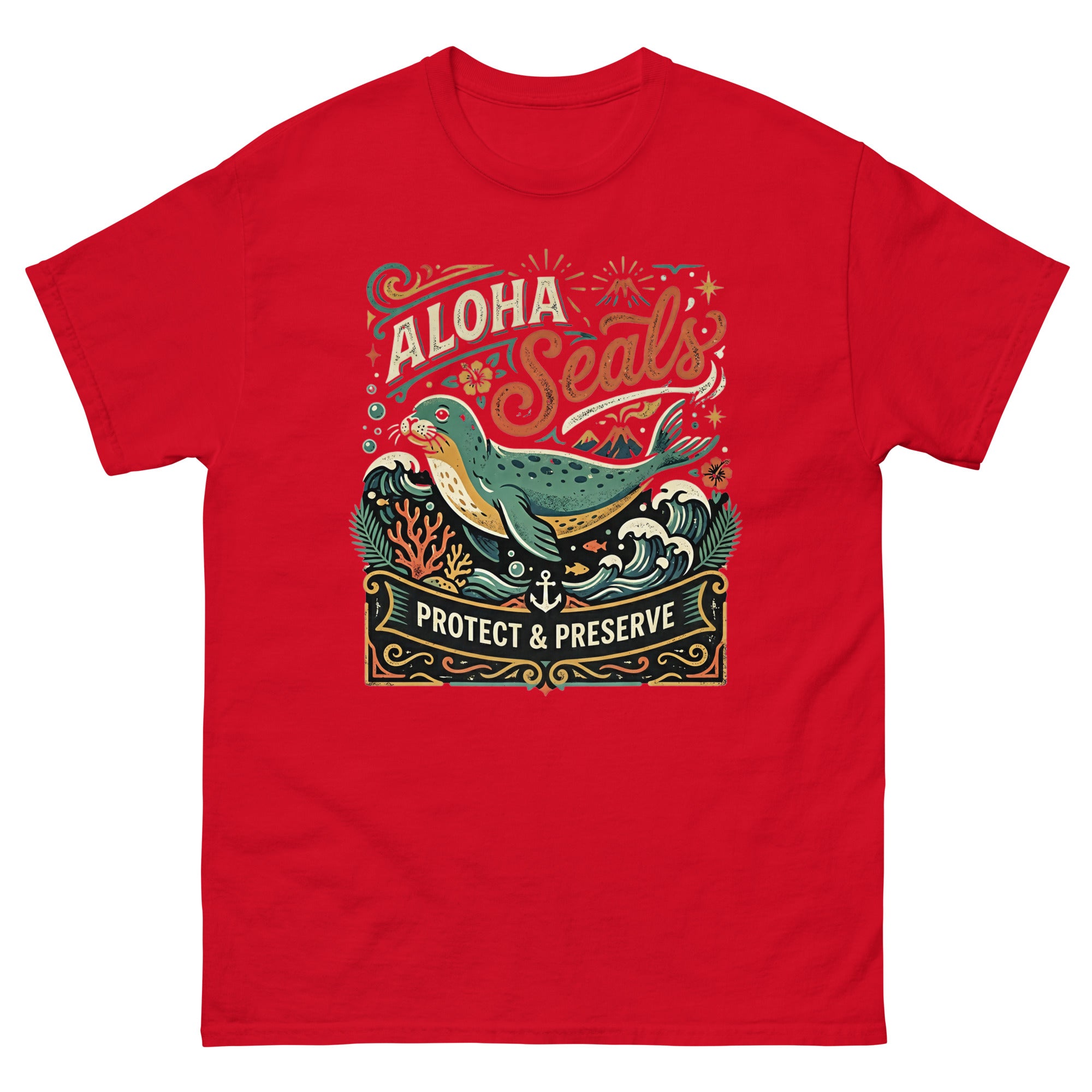 Aloha Seals Protect and Preserve Hawaiian t-shirt design on a Red unisex tee