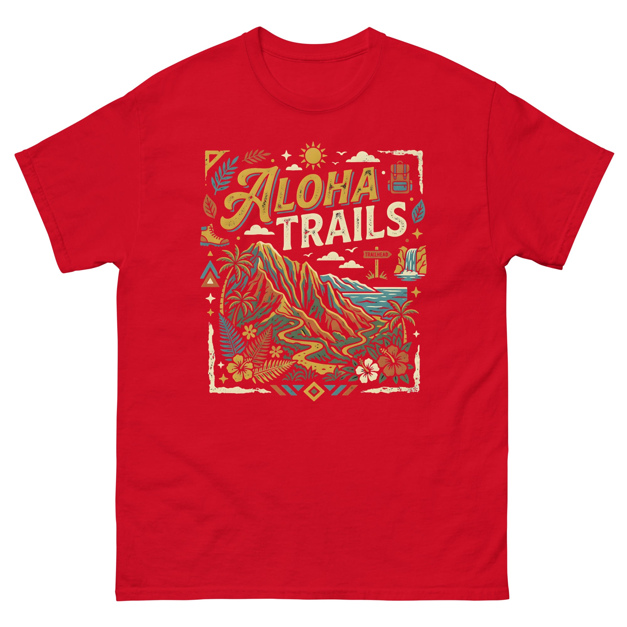Aloha Trails v1 Hawaiian t-shirt design on a Red unisex tee