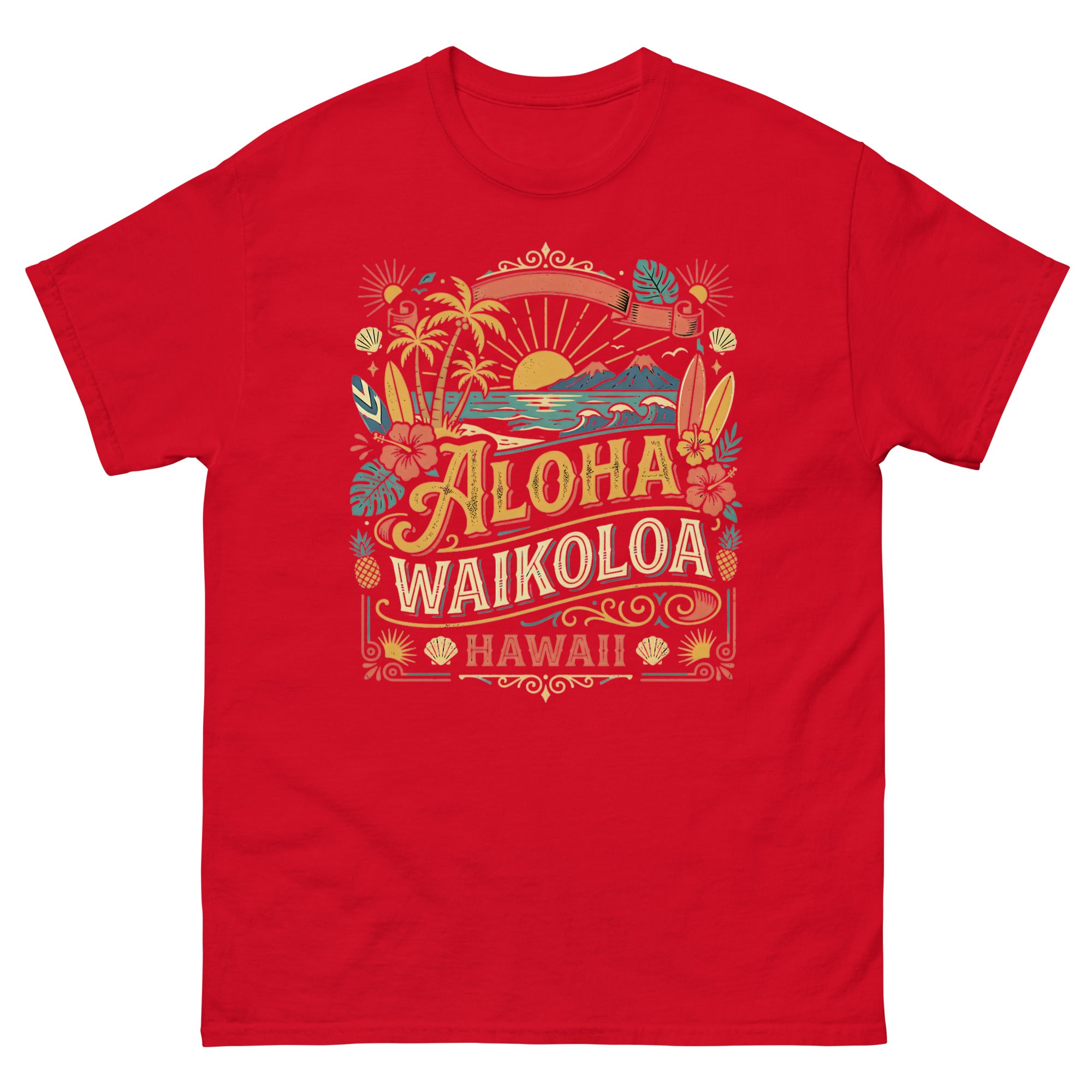Aloha Waikoloa Hawaii Hawaiian t-shirt design on a Red unisex tee