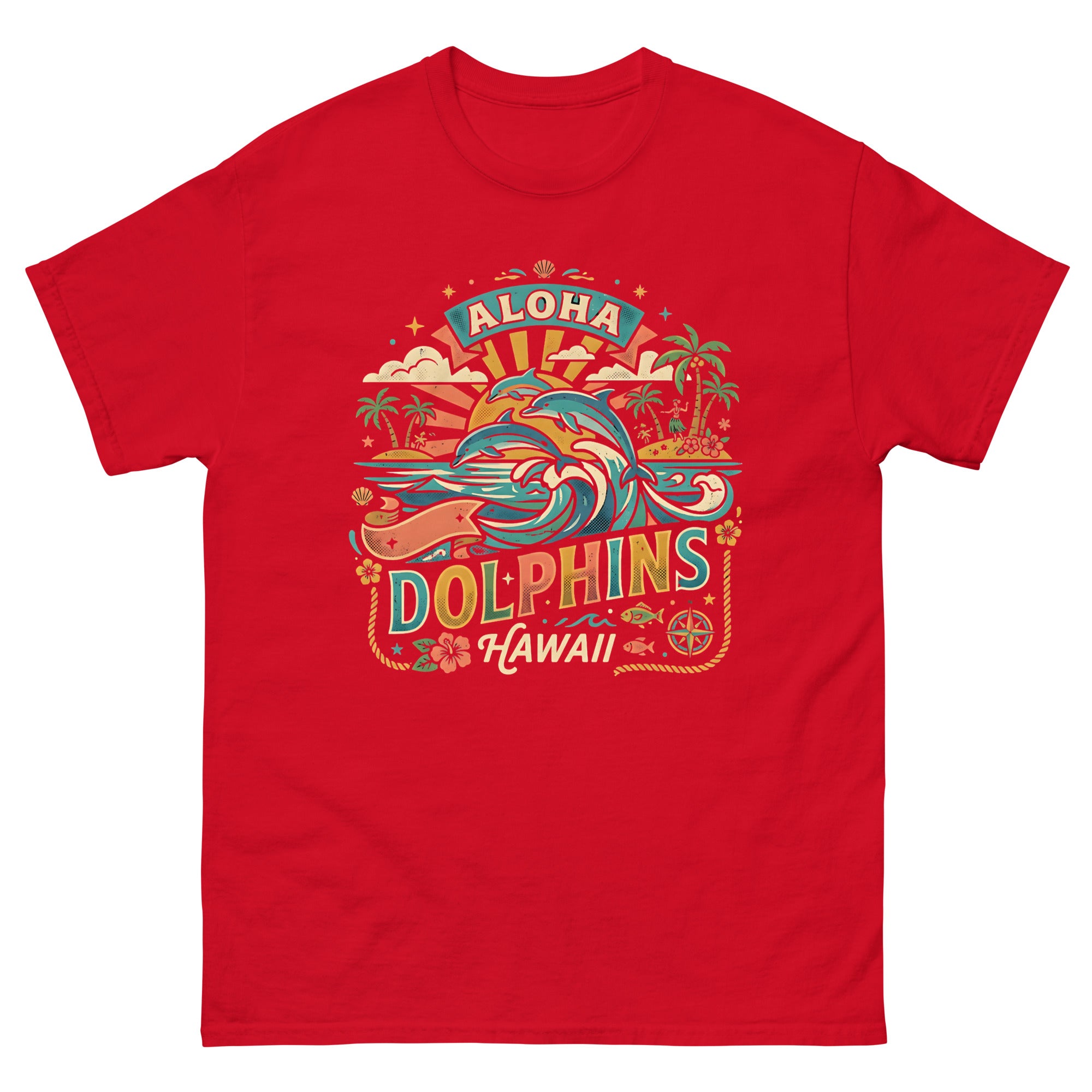 Aloha State Dolphins v4 Hawaiian t-shirt design on a Red unisex tee