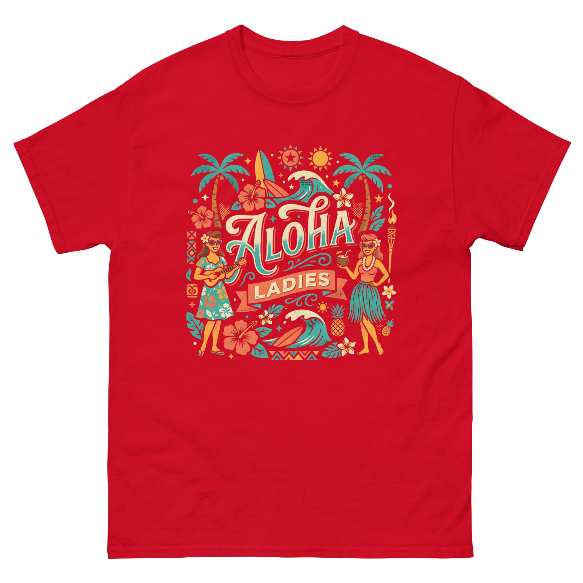 Aloha Sisters v3 Hawaiian t-shirt design on a Red unisex tee
