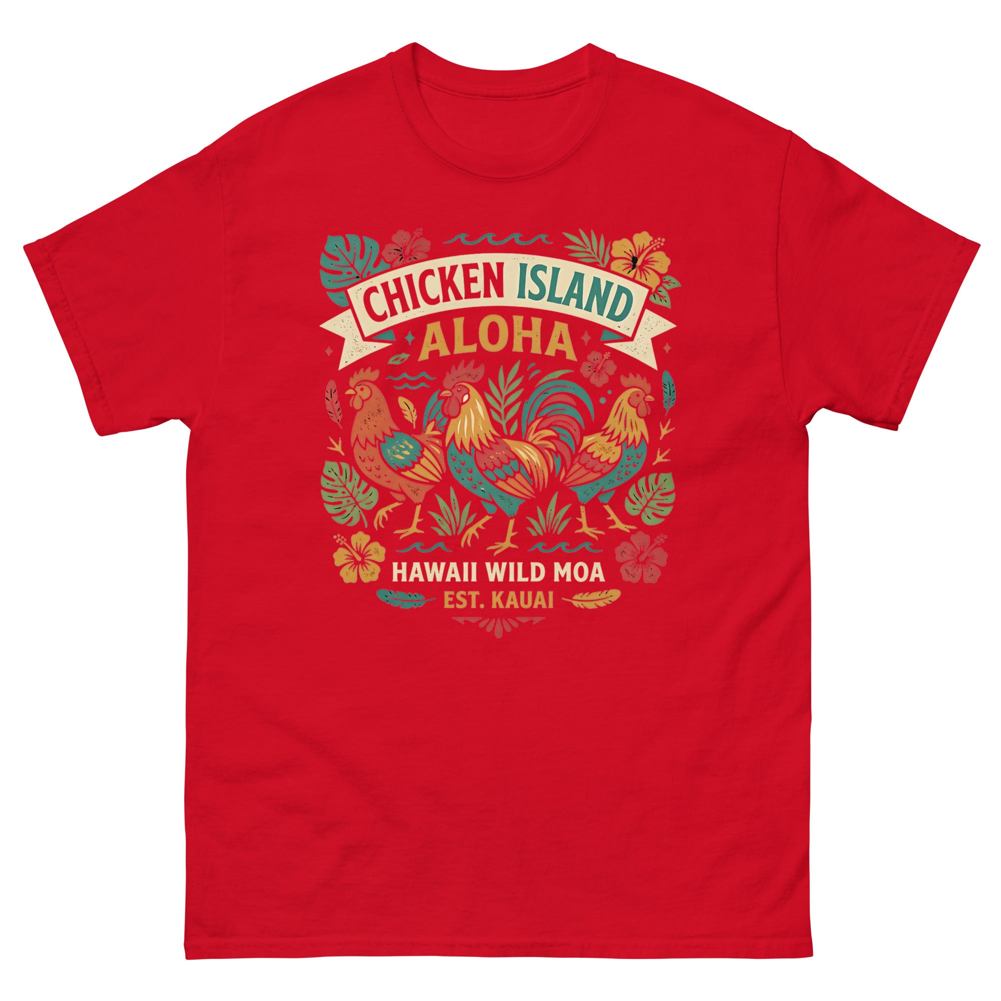 Chicken Island Aloha Kauai v1 Hawaiian t-shirt design on a Red unisex tee