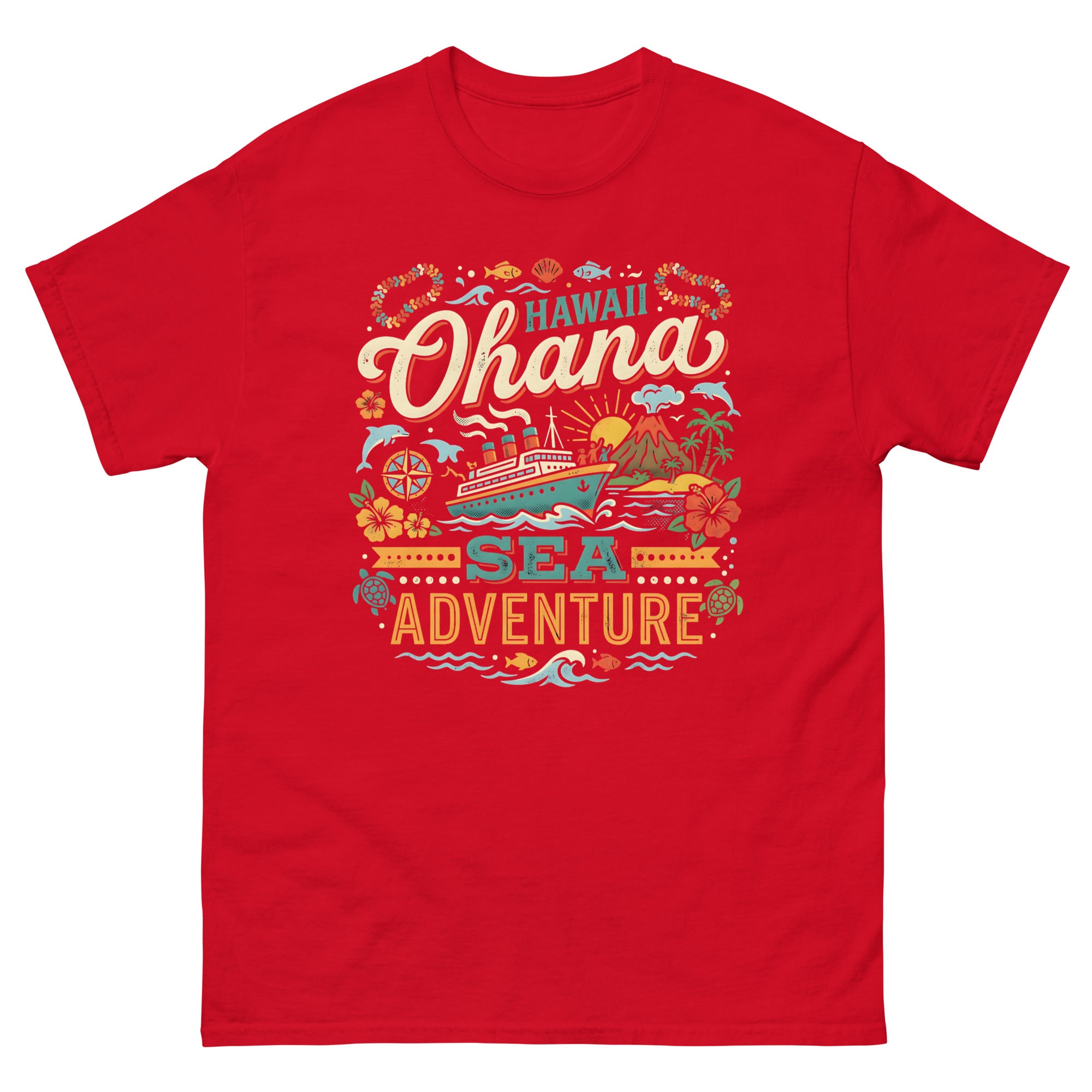 Hawaii Ohana Sea Adventure v1 Hawaiian t-shirt design on a Red unisex tee