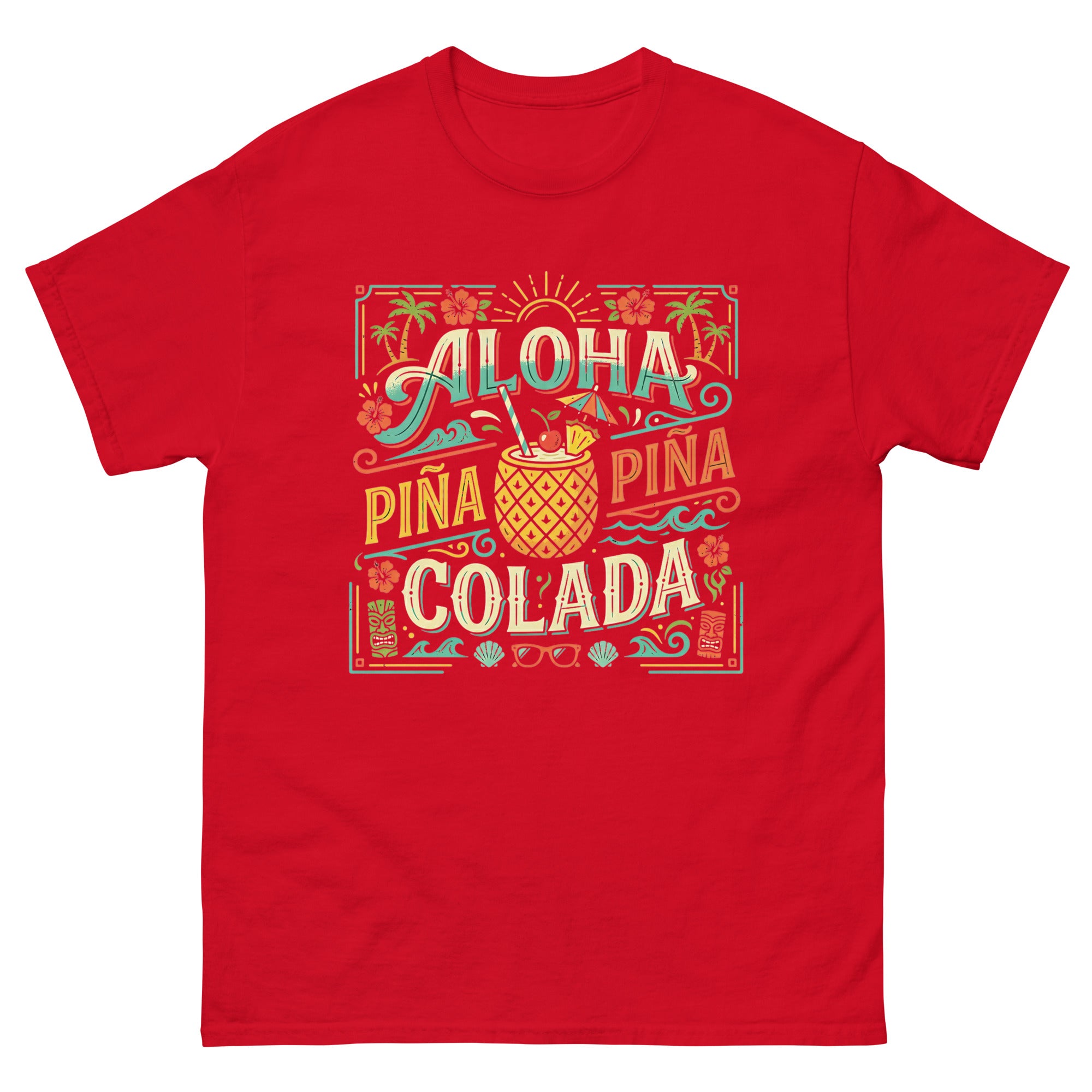 Hawaii Pina Coladas Aloha in a Glass v3 Hawaiian t-shirt design on a Red unisex tee