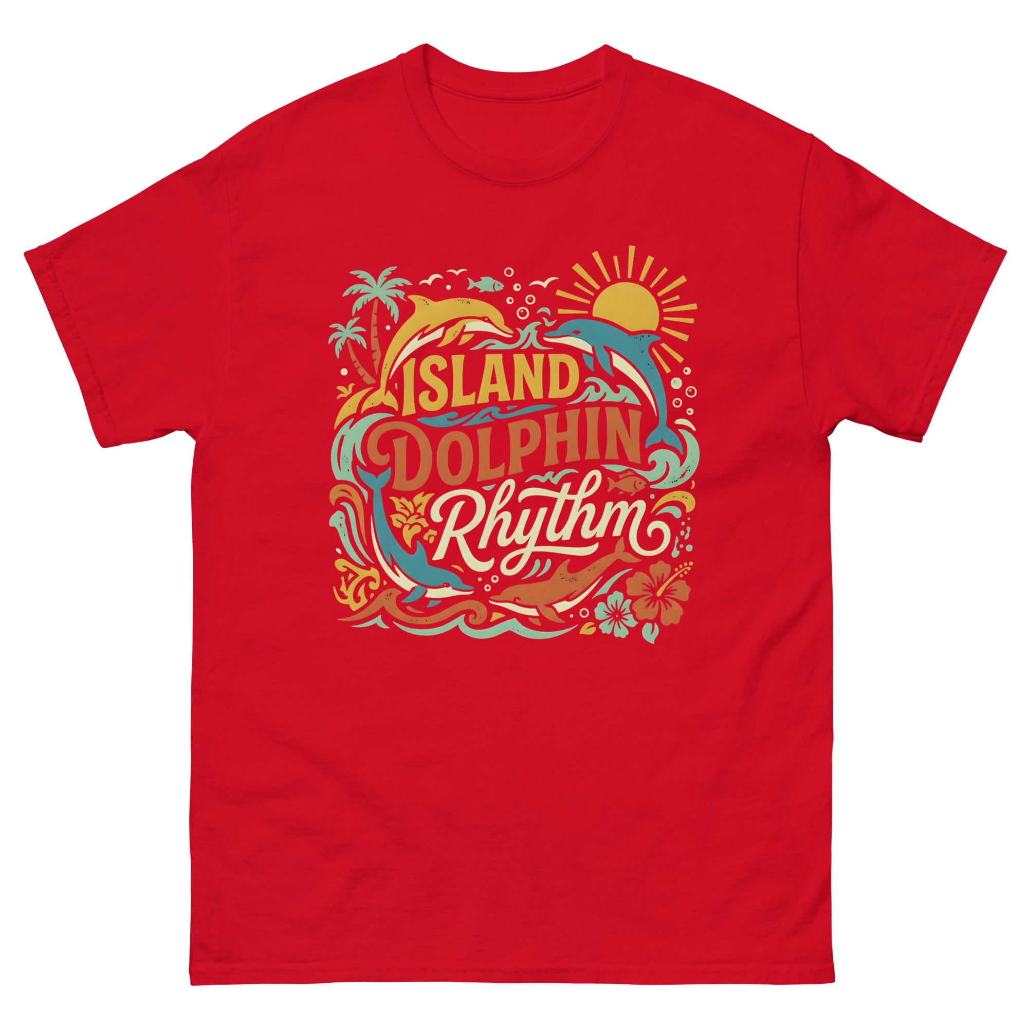 Aloha State Dolphins v2 Hawaiian t-shirt design on a Red unisex tee