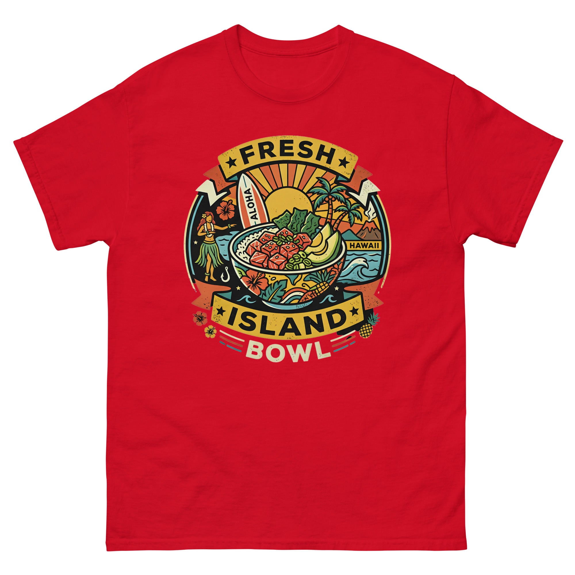 Fresh Island Bowl Hawaii Hawaiian t-shirt design on a Red unisex tee