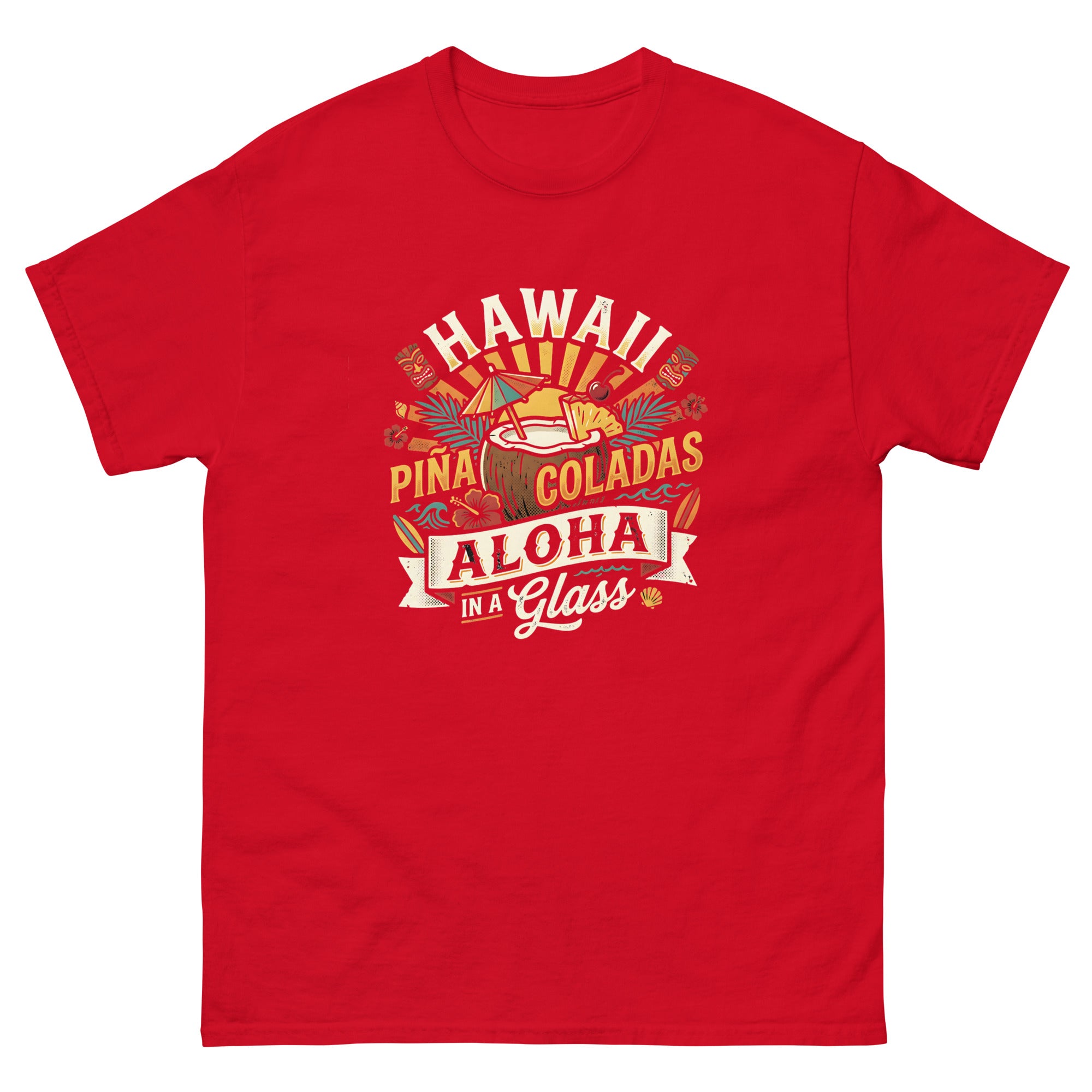 Hawaii Pina Coladas Aloha in a Glass v1 Hawaiian t-shirt design on a Red unisex tee
