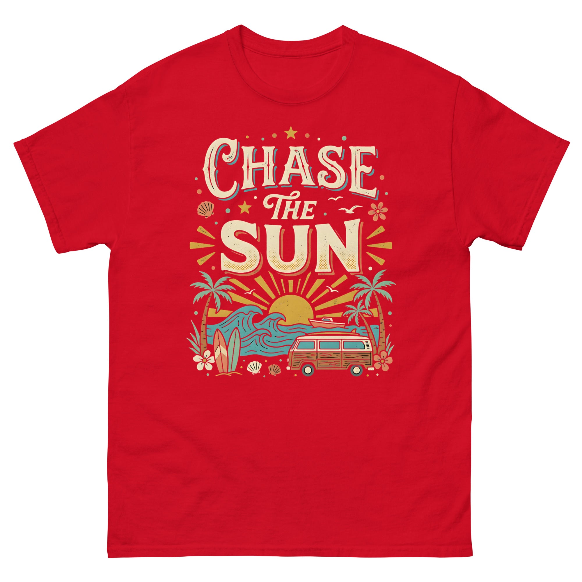 Chasing the Sun v4 Hawaiian t-shirt design on a Red unisex tee