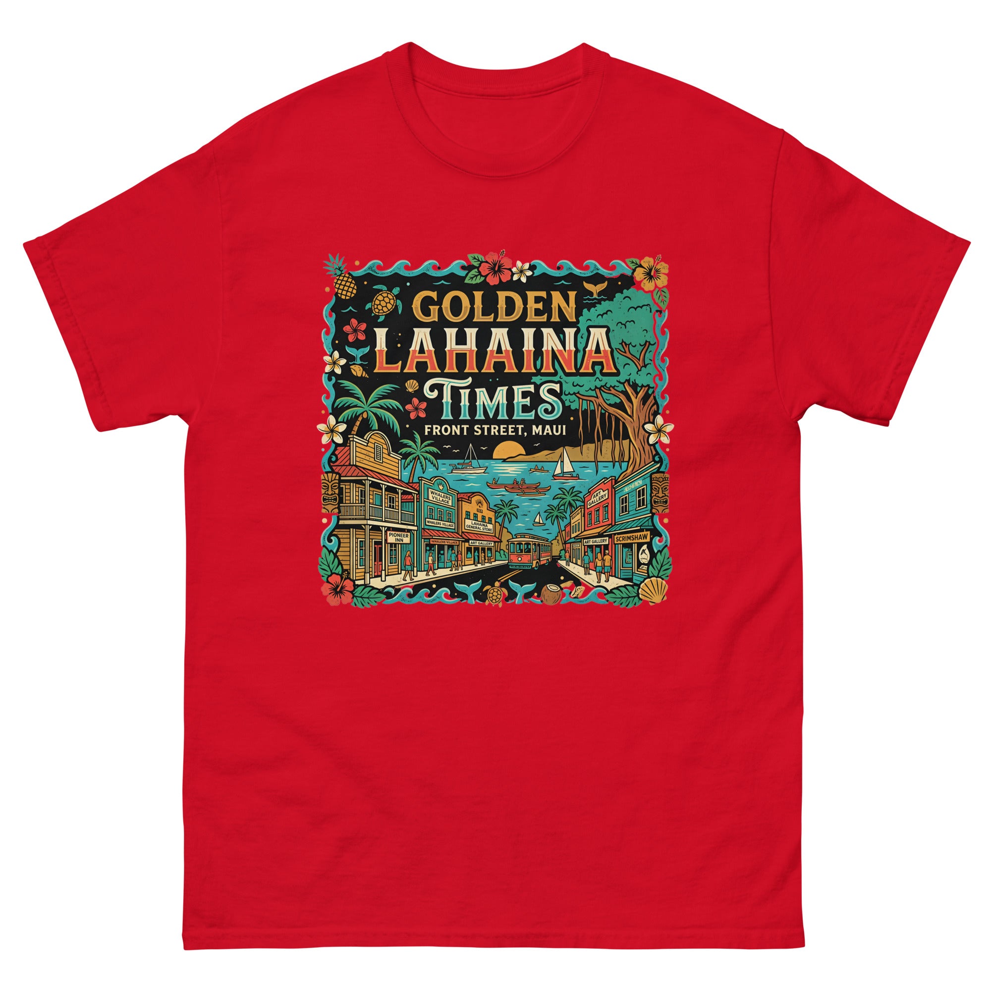 Golden Lahaina Times Front Street Hawaiian t-shirt design on a Red unisex tee