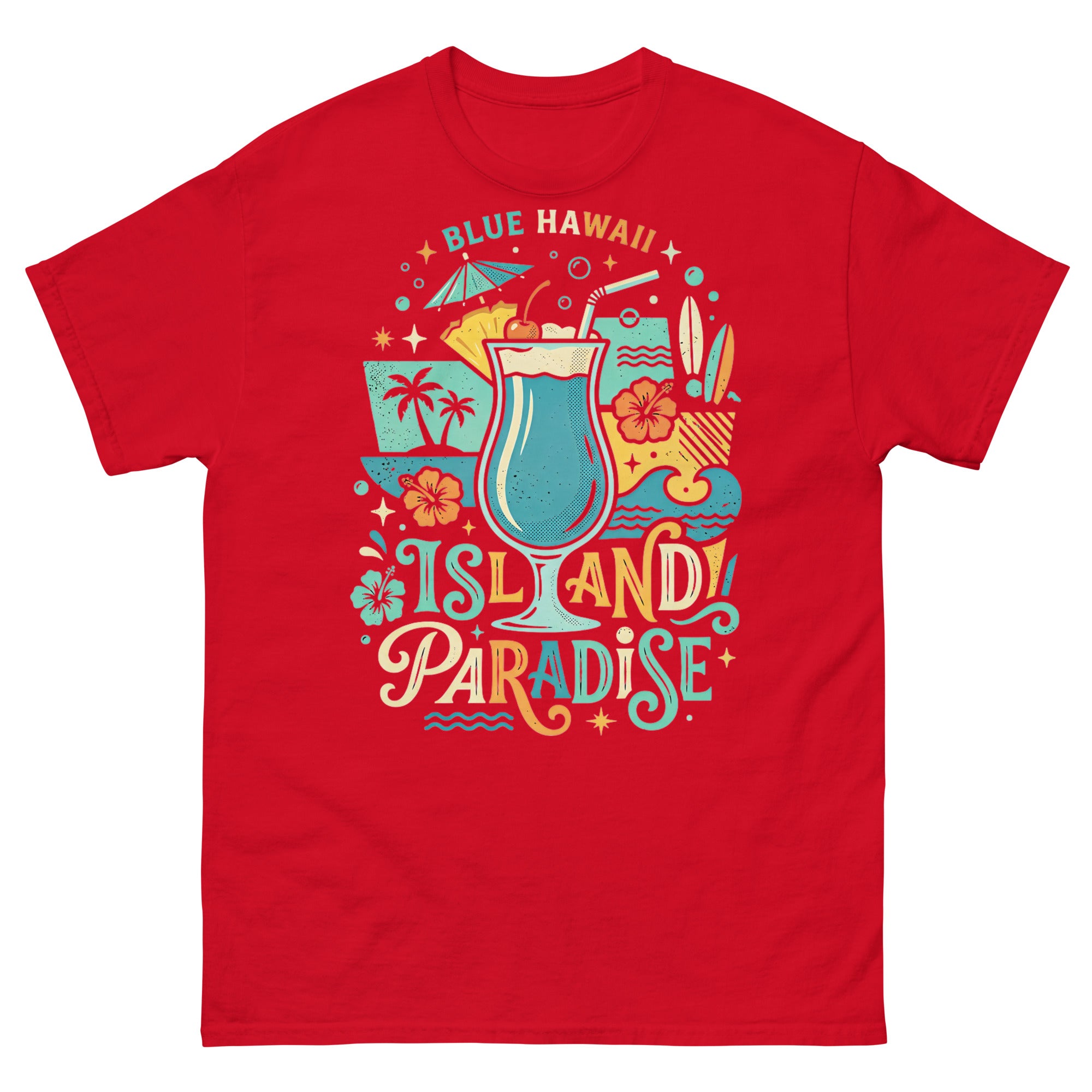 Blue Hawaii Island Paradise v1 Hawaiian t-shirt design on a Red unisex tee