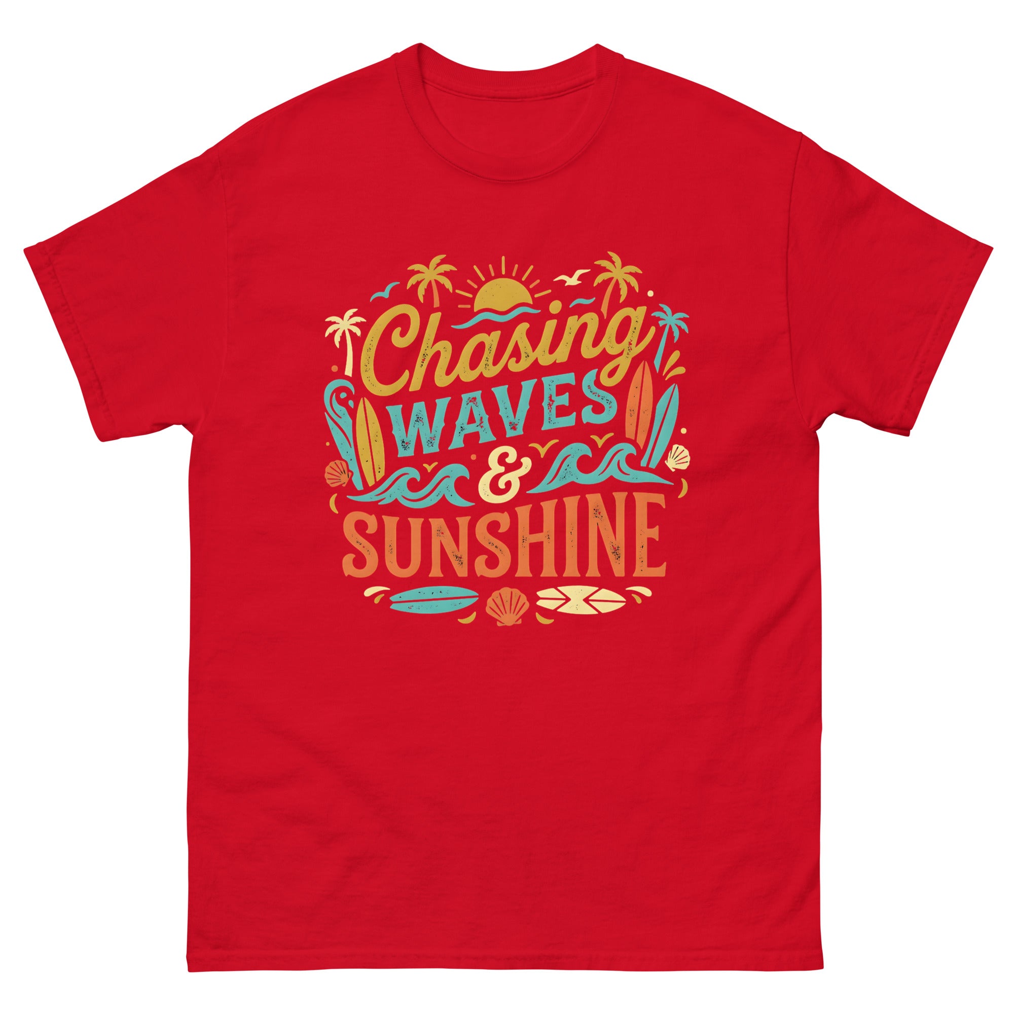 Chasing the Sun v3 Hawaiian t-shirt design on a Red unisex tee