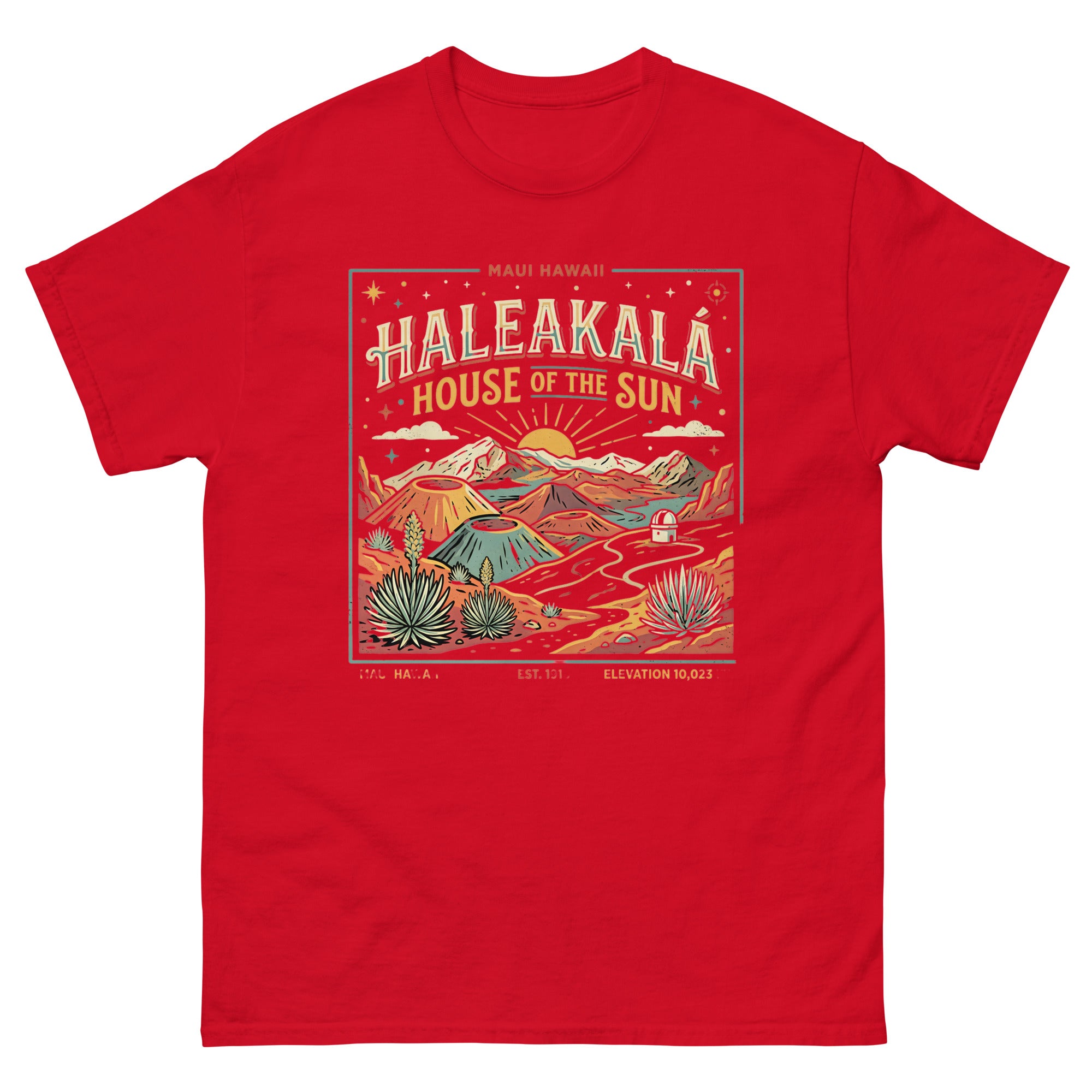Haleakala House of the Sun Hawaiian t-shirt design on a Red unisex tee