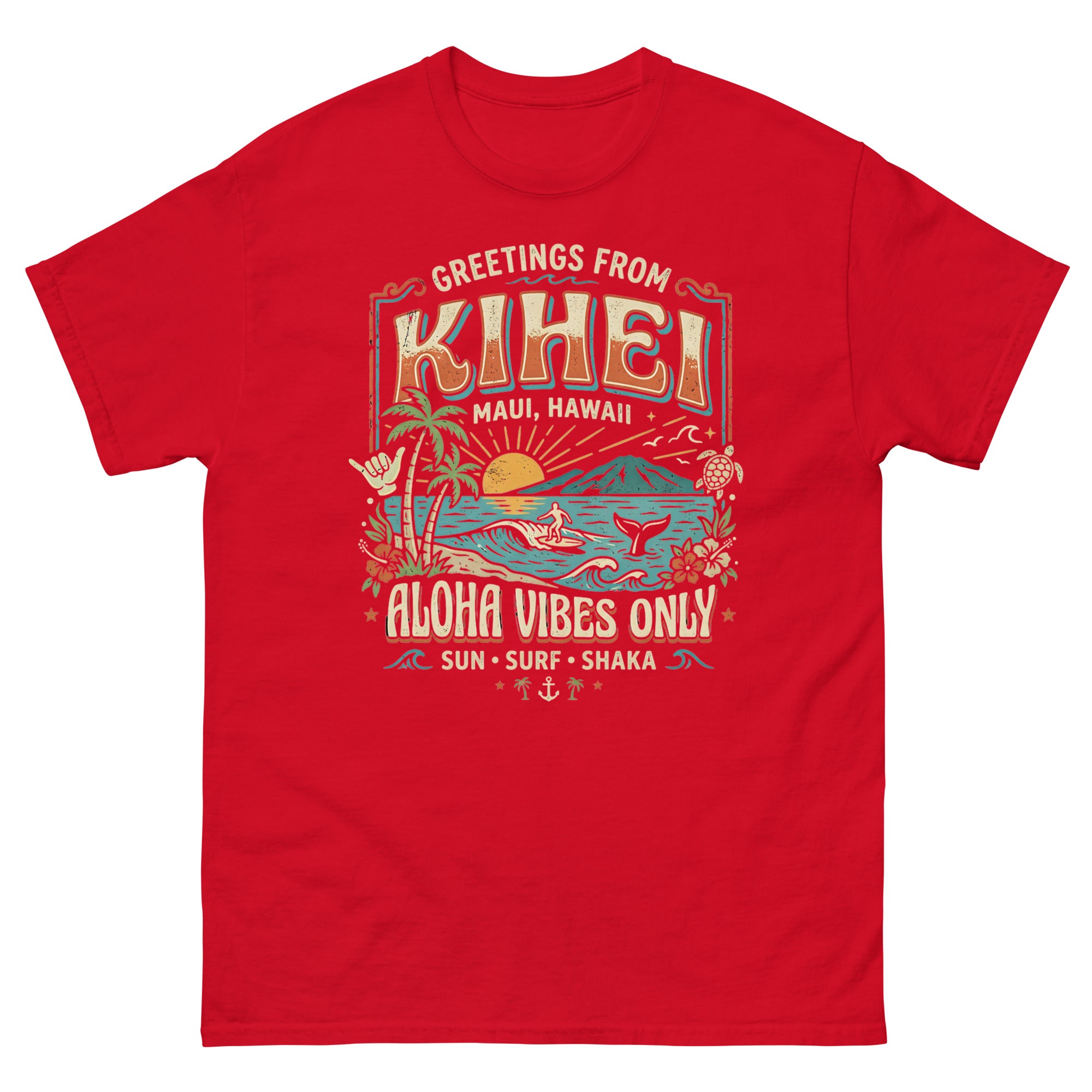 Greetings from Kihei Hawaiian t-shirt design on a Red unisex tee