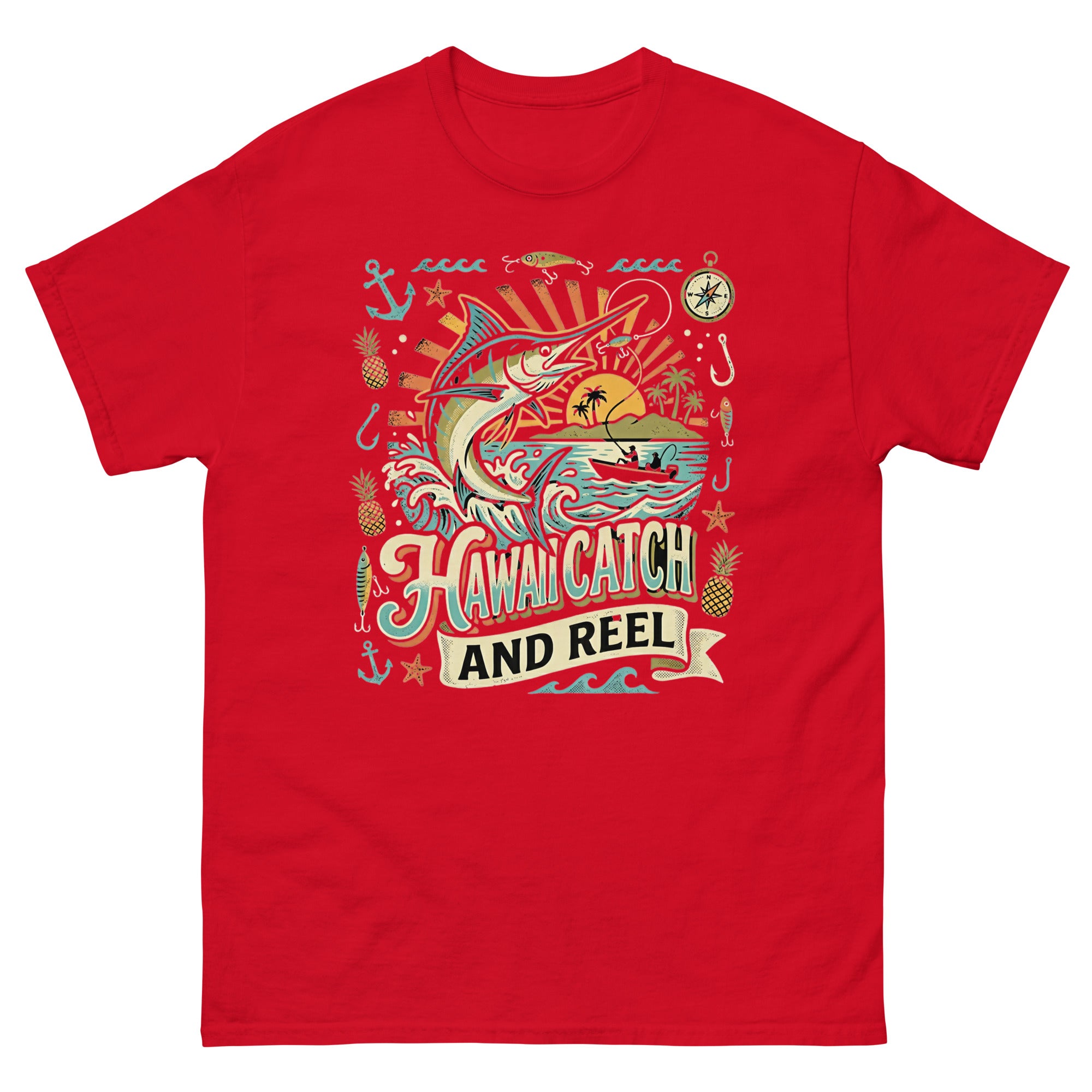 Hawaii Catch and Reel Hawaiian t-shirt design on a Red unisex tee