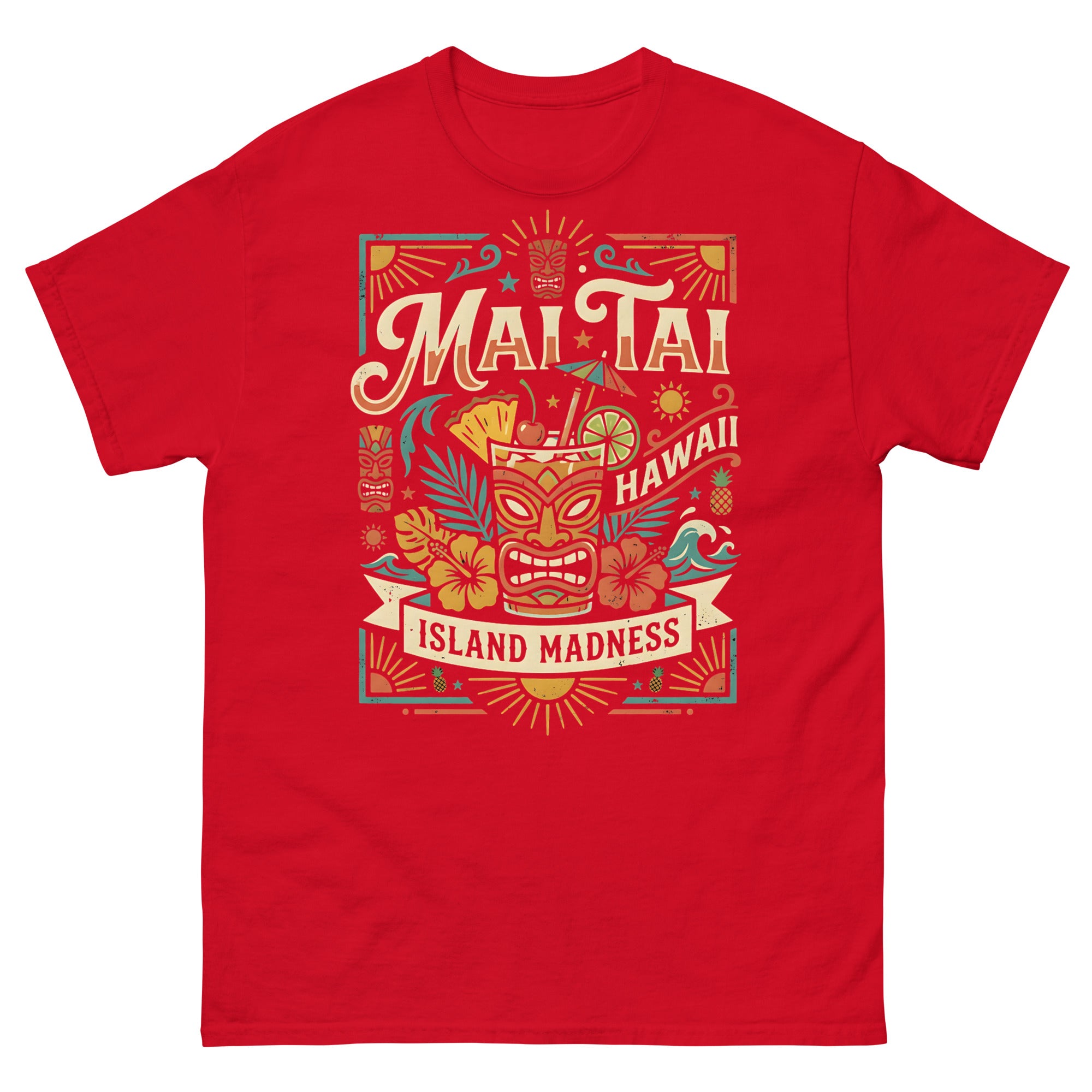 Island Mai Tai Time Hawaiian t-shirt design on a Red unisex tee